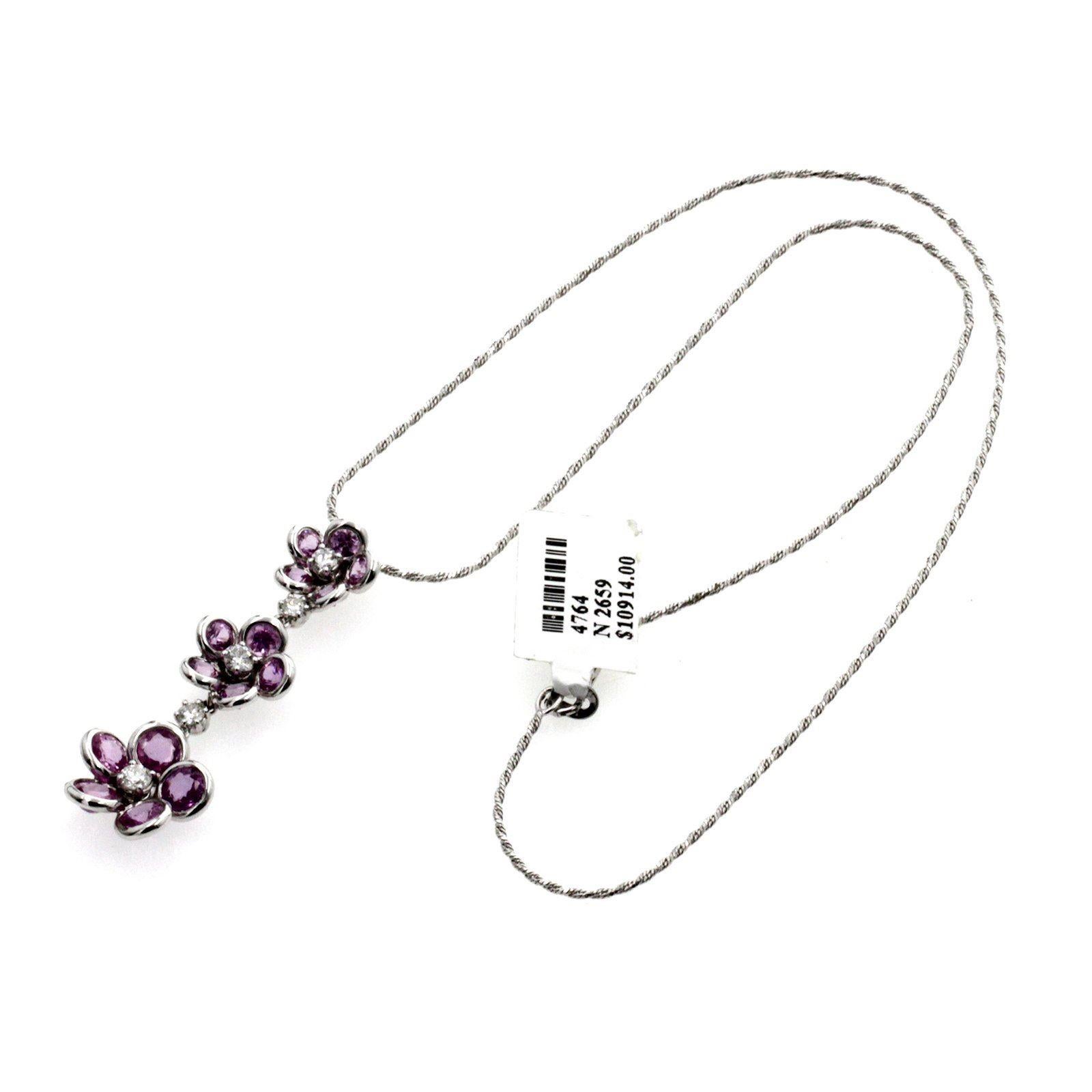 0.63 Carat Diamonds 5.68 Carat Pink Sapphire 14 Karat White Gold Flower Necklace For Sale 1