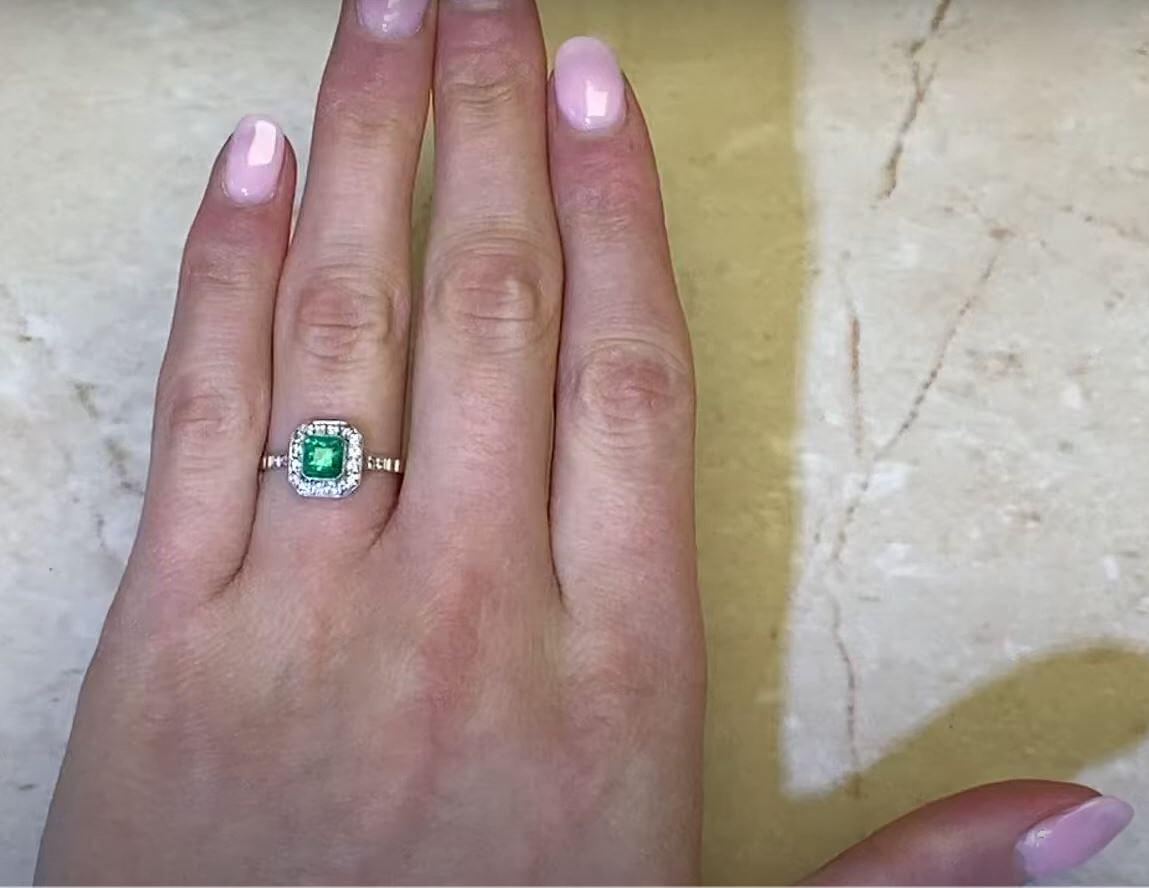 0.63 Emerald Cut Natural Emerald Engagement Ring, Diamond Halo, Platinum For Sale 5