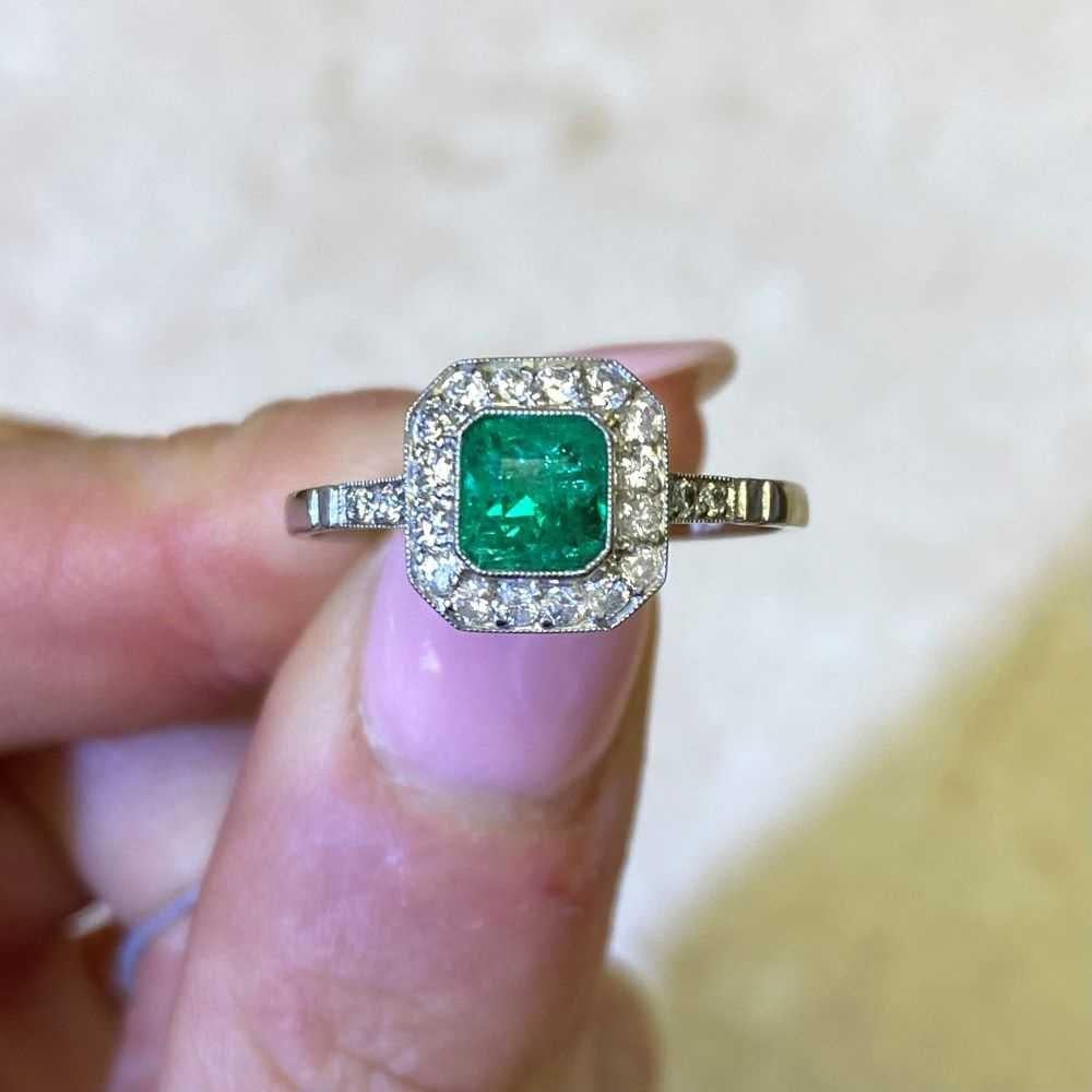 0.63 Emerald Cut Natural Emerald Engagement Ring, Diamond Halo, Platinum For Sale 6