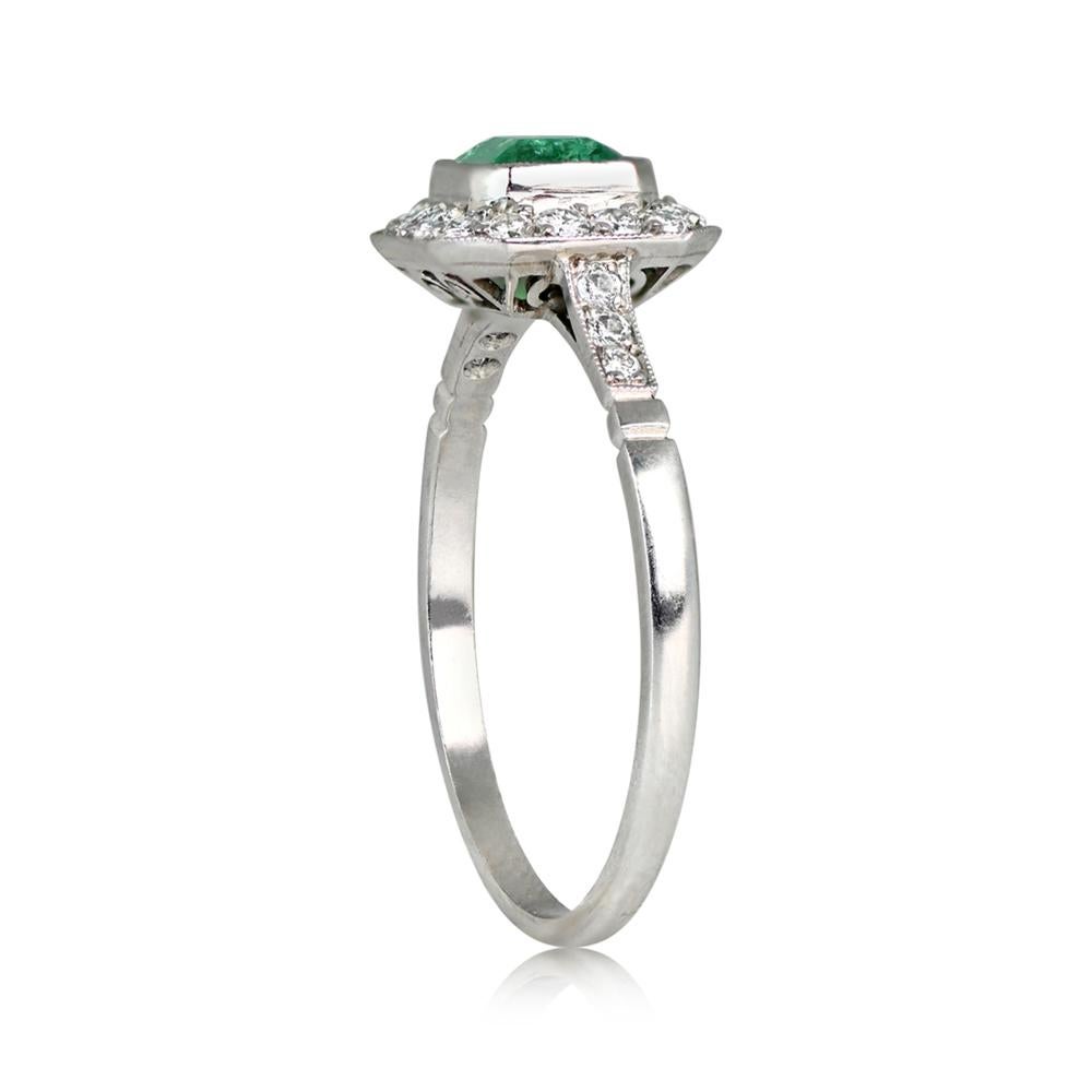 Art Deco 0.63 Emerald Cut Natural Emerald Engagement Ring, Diamond Halo, Platinum For Sale