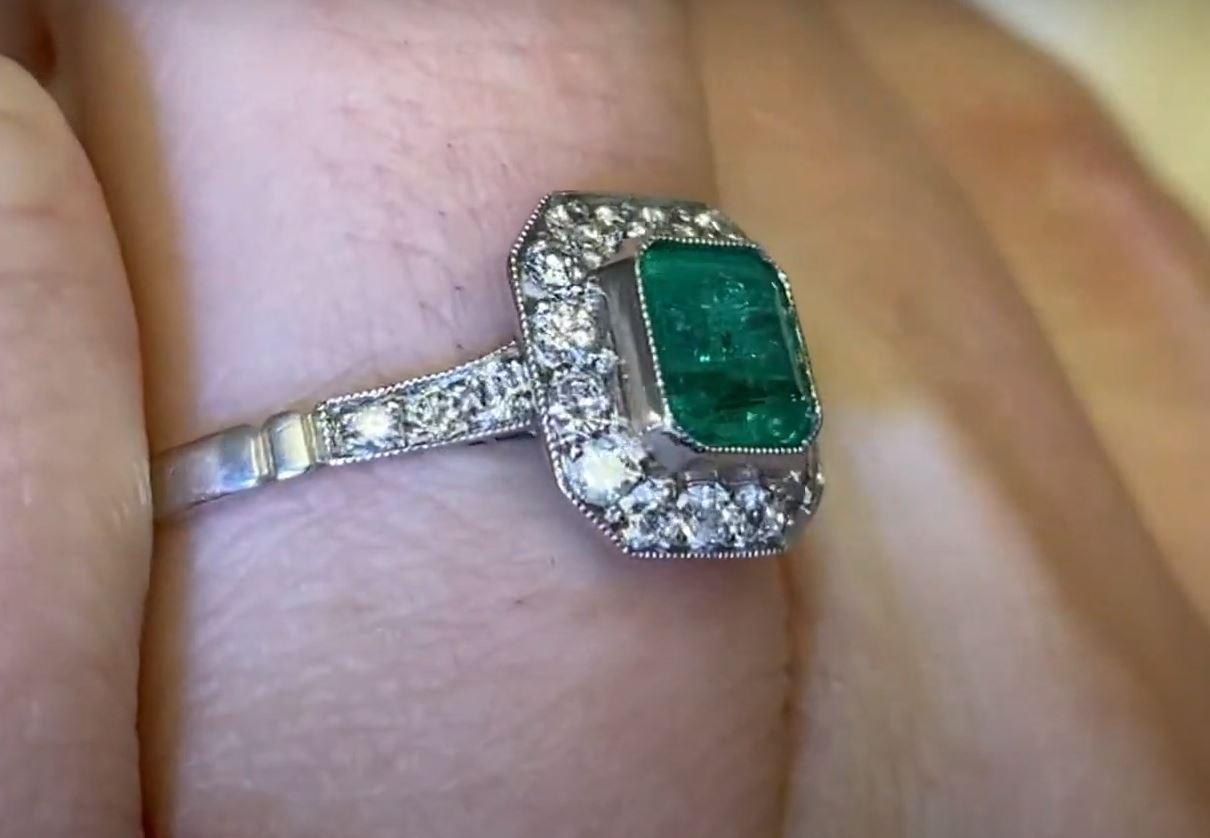 0.63 Emerald Cut Natural Emerald Engagement Ring, Diamond Halo, Platinum For Sale 1