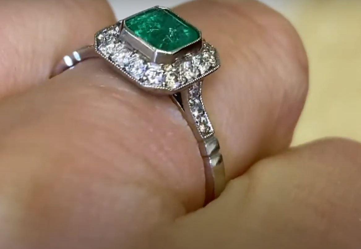 0.63 Emerald Cut Natural Emerald Engagement Ring, Diamond Halo, Platinum For Sale 2