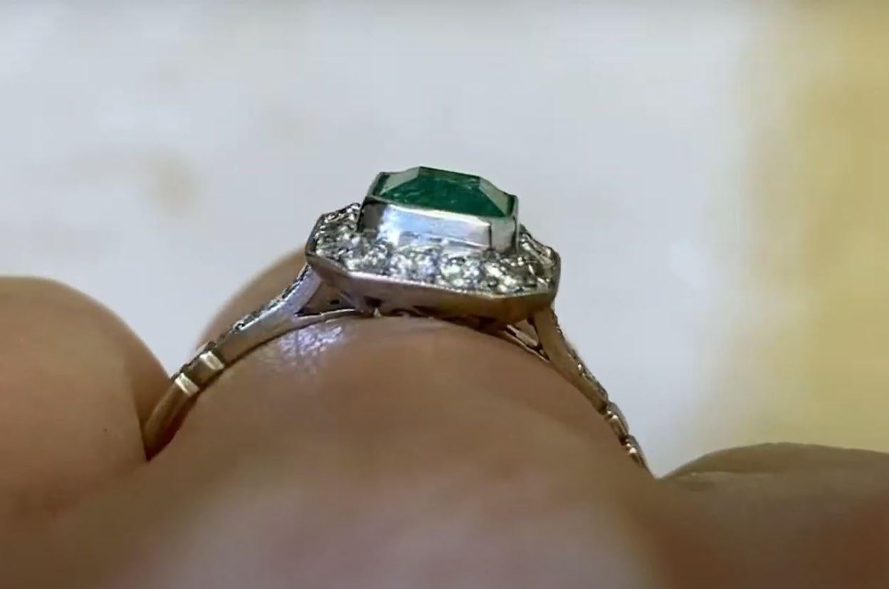 0.63 Emerald Cut Natural Emerald Engagement Ring, Diamond Halo, Platinum For Sale 3