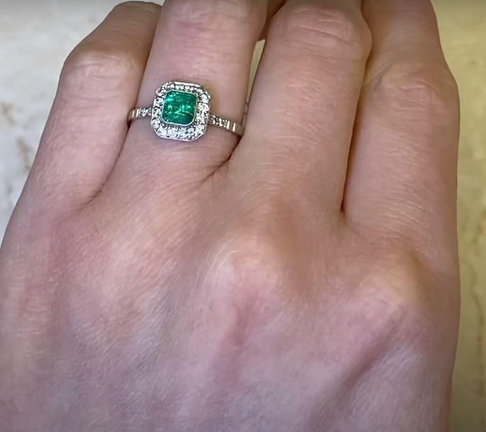 0.63 Emerald Cut Natural Emerald Engagement Ring, Diamond Halo, Platinum For Sale 4