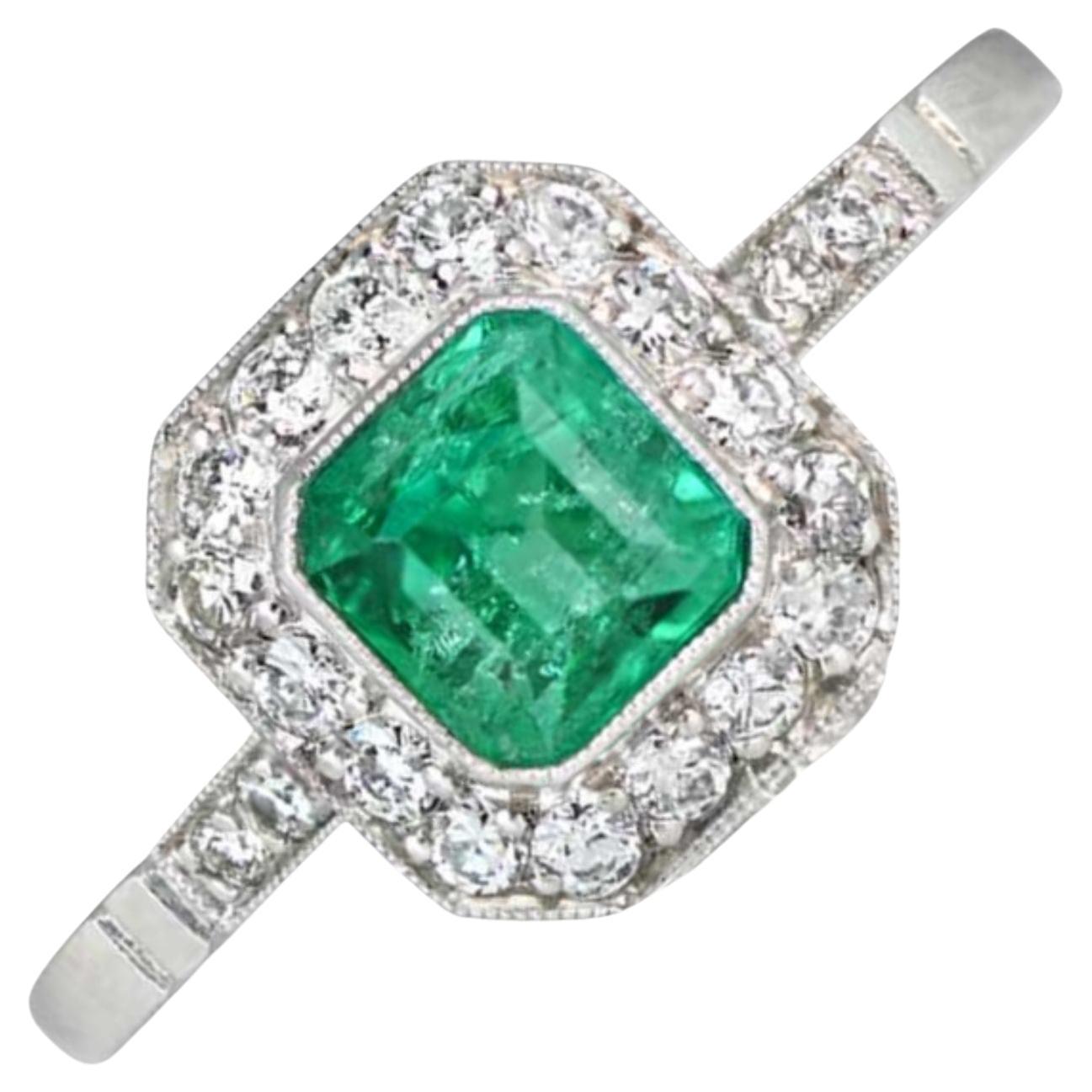 0.63 Emerald Cut Natural Emerald Engagement Ring, Diamond Halo, Platinum