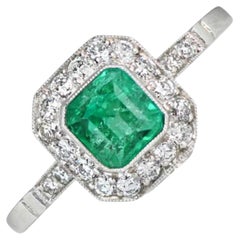 0.63 Emerald Cut Natural Emerald Engagement Ring, Diamond Halo, Platinum