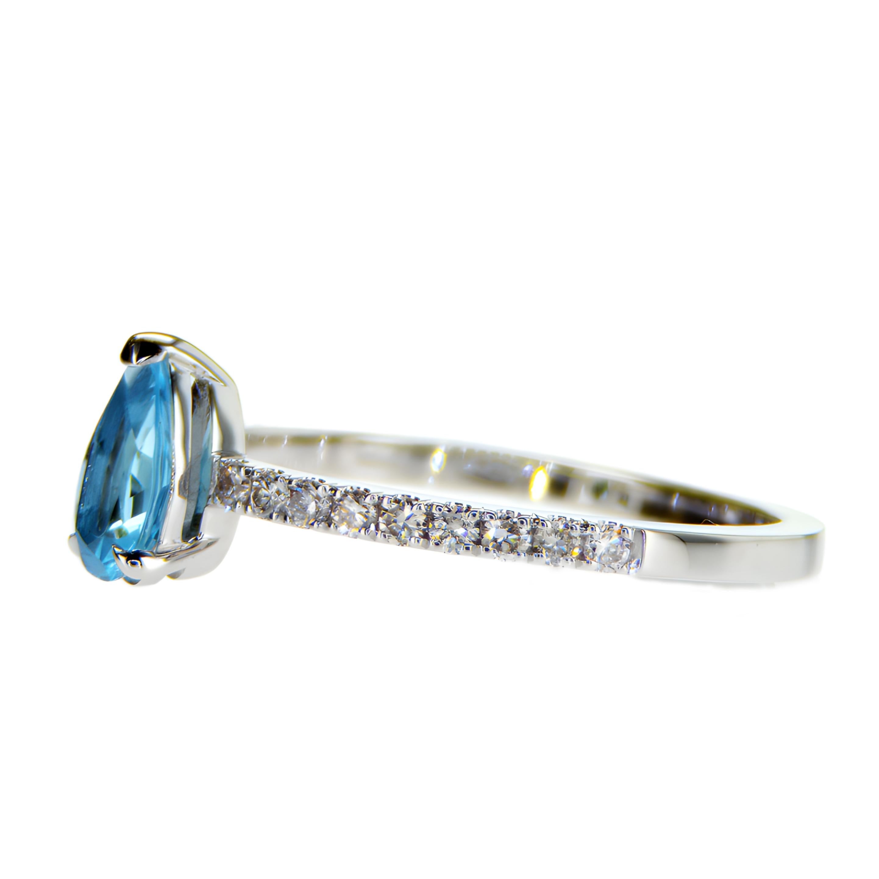 Pear Cut 0.63Ct Natural Pear Shape Blue Topaz and diamonds ring For Sale