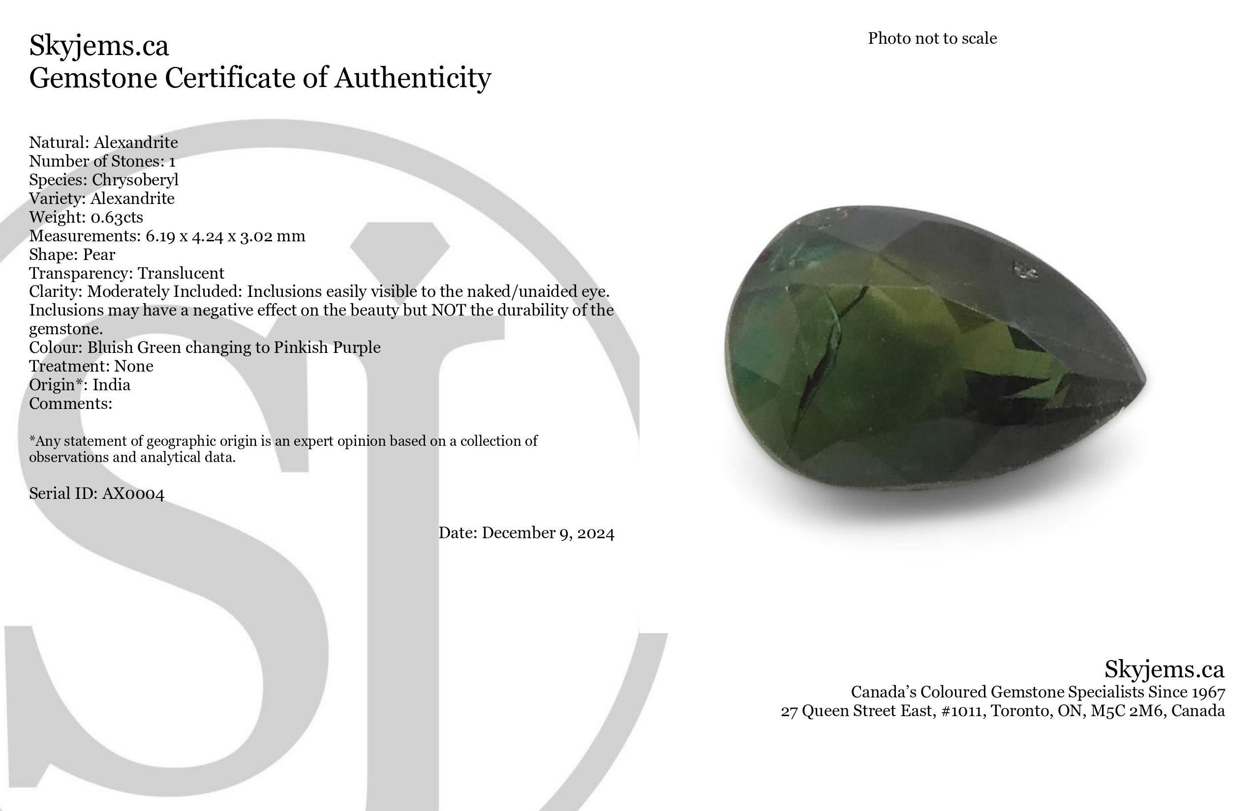 Description :

Type de gemme : Alexandrite 
Nombre de pierres : 1
Poids : 0,63 cts
Dimensions : 6,19 x 4,24 x 3,02 mm
Forme : Poire
Couronne de style de coupe : 
Pavillon de style de coupe :  
Transparence : Translucide
Clarté : Modérément inclus :