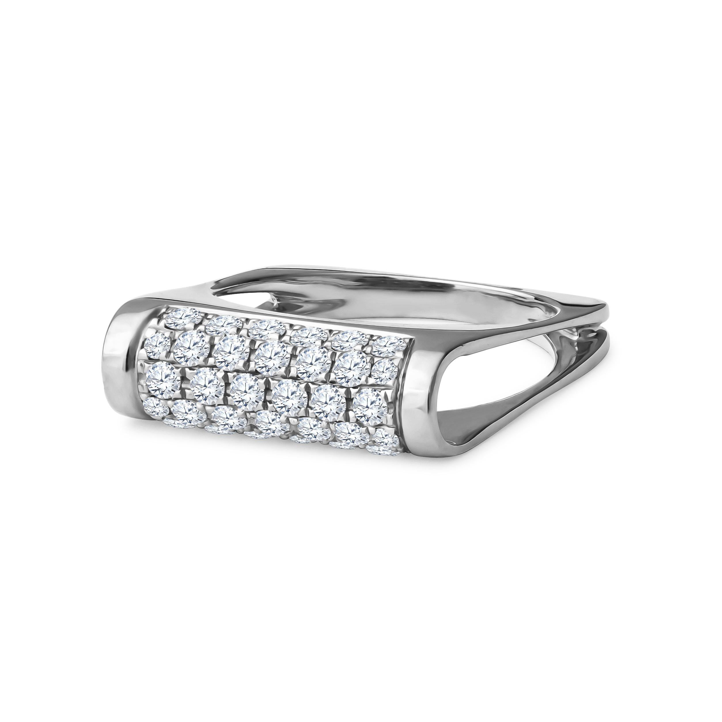 This incredibly unique ring is open-sided and features a squared shank. It has 0.63ctw in pave round diamonds, set in 18kt white gold. The ring is a size 6.25, but it can be resized upon request. 