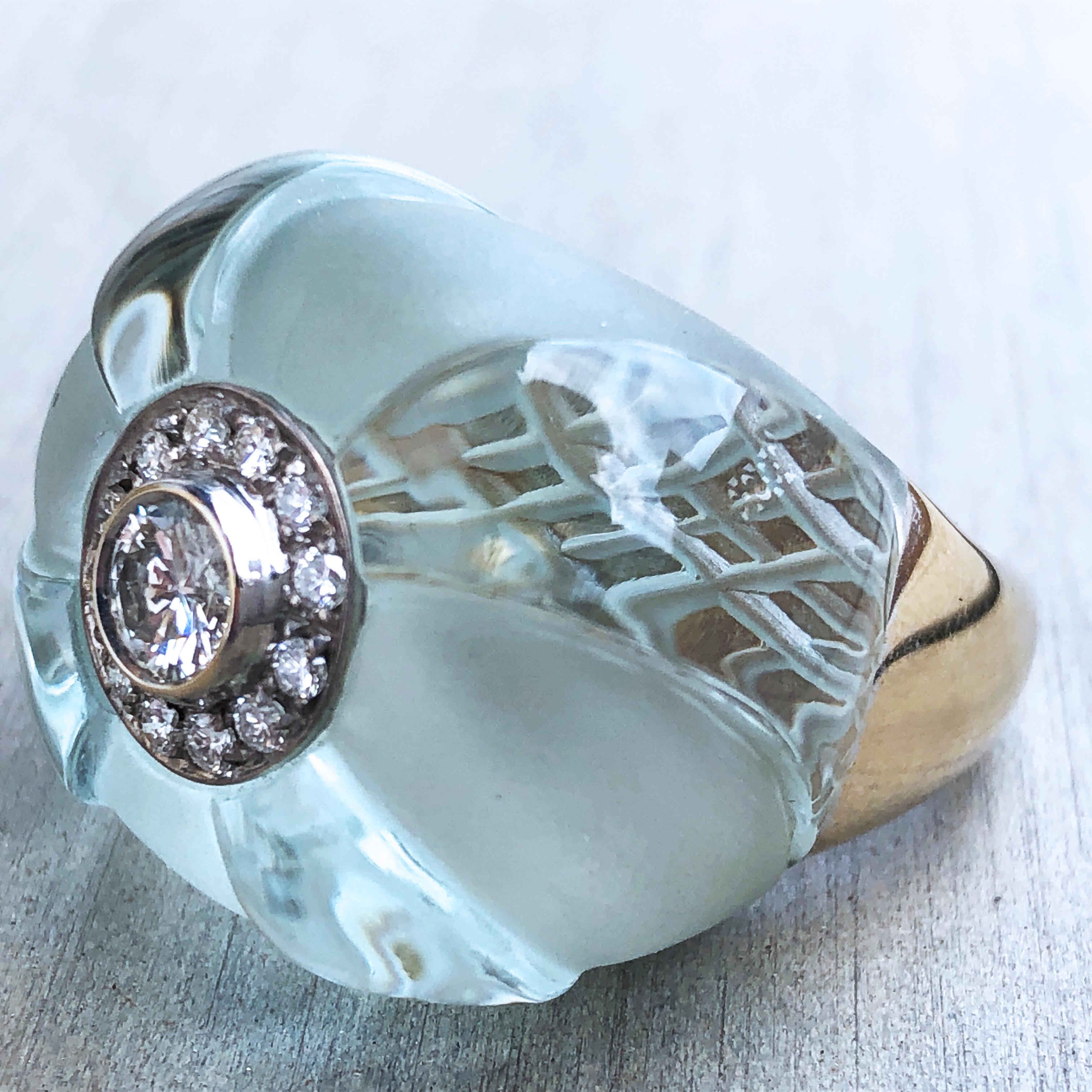 One-of-a-kind, absolutely Unique, Chic and Timeless Cocktail Ring Featuring 0.63 Carat White Diamond in a 60 Carat Natural Beautifully Hand Inlaid Hand Engraved Aquamarine, 18k White Gold Setting. 
A detailed gemmological certificate is included.
In