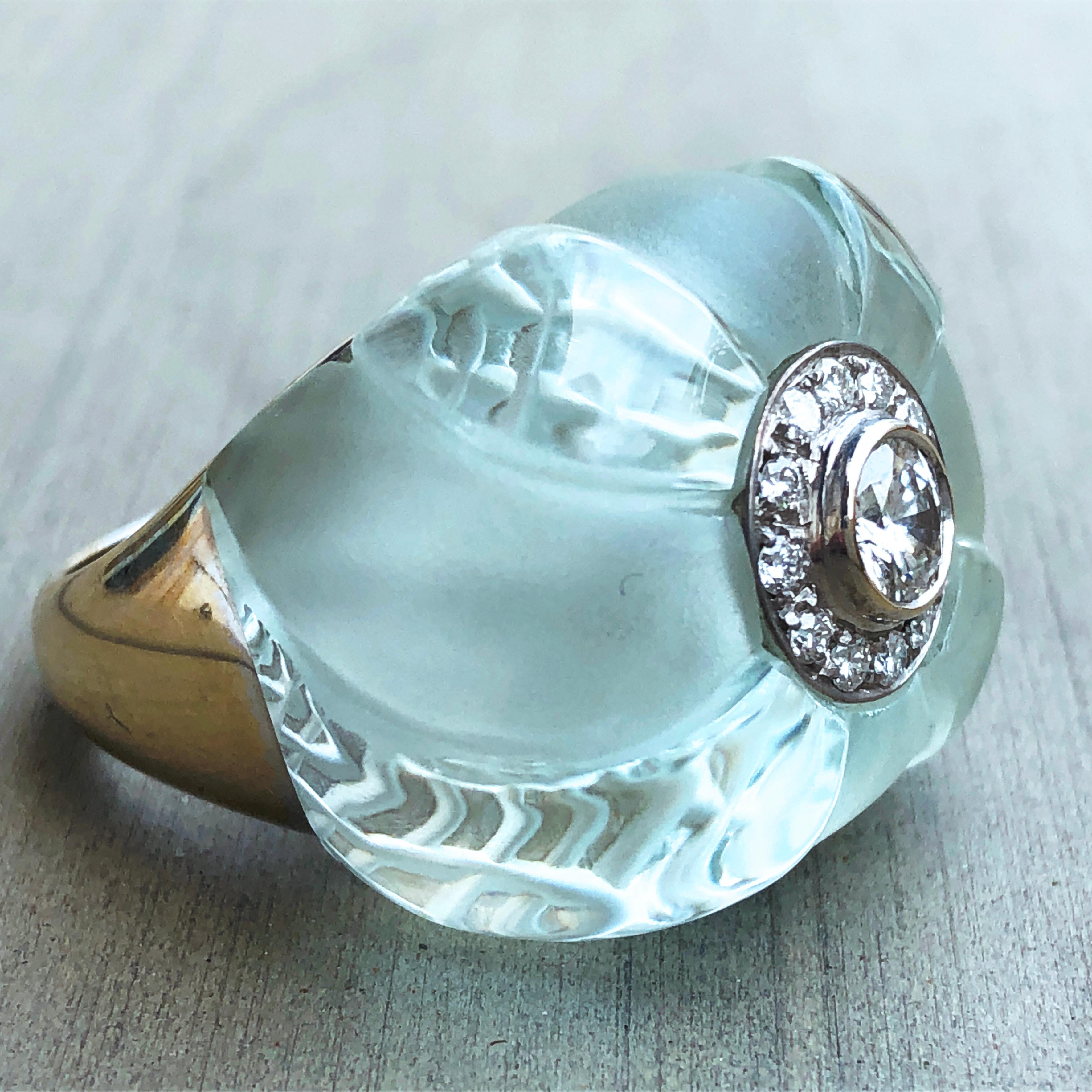 Berca 0.63Kt Diamond 60Kt Natural Hand Inlaid Hand Engraved Aquamarine Ring In New Condition In Valenza, IT