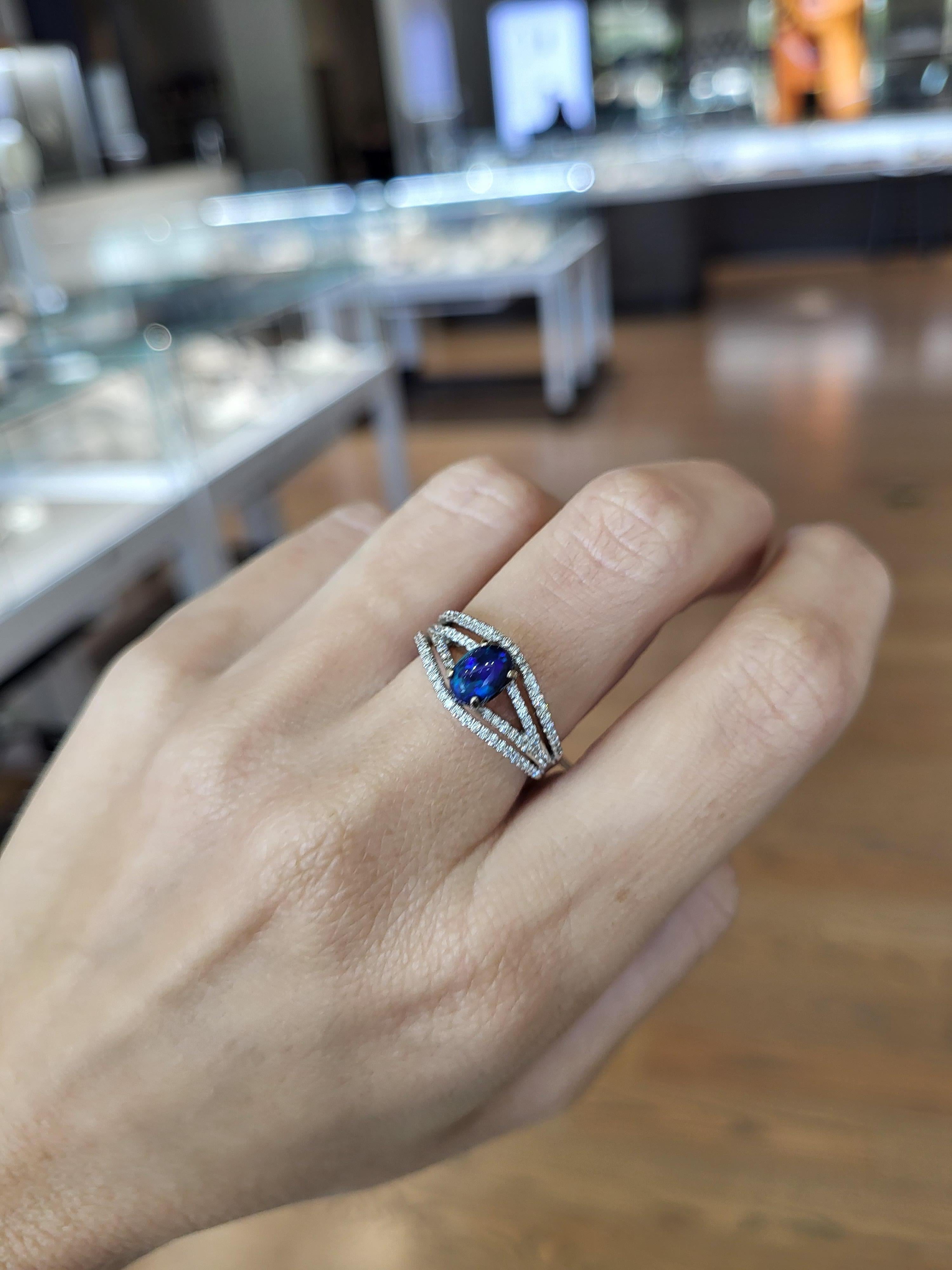 0.64 Carat Australian Black Opal and Diamond Ring For Sale 4