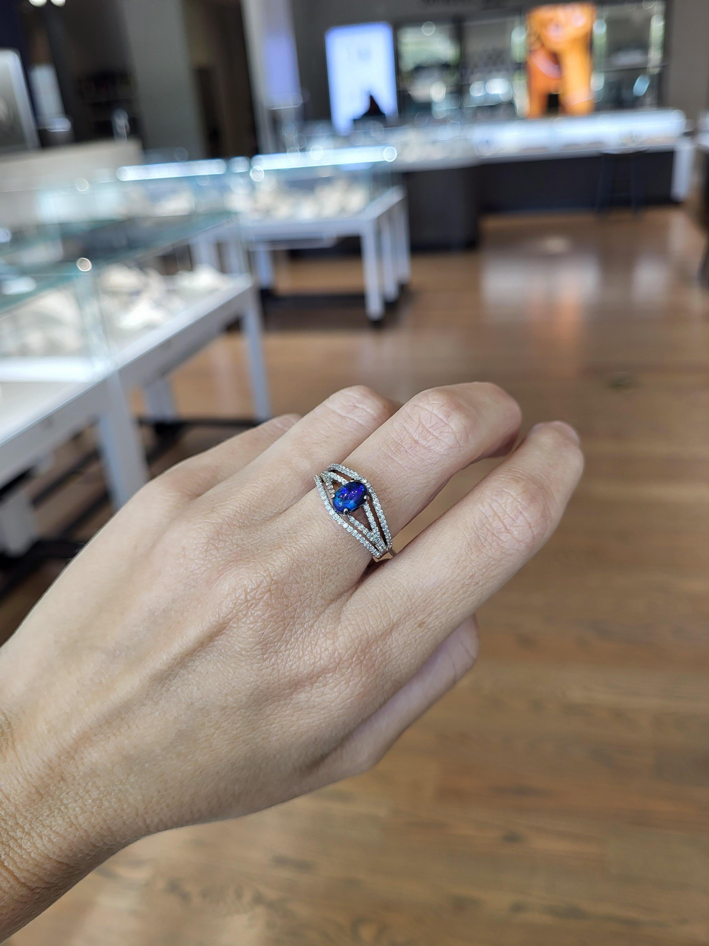 0.64 Carat Australian Black Opal and Diamond Ring For Sale 9