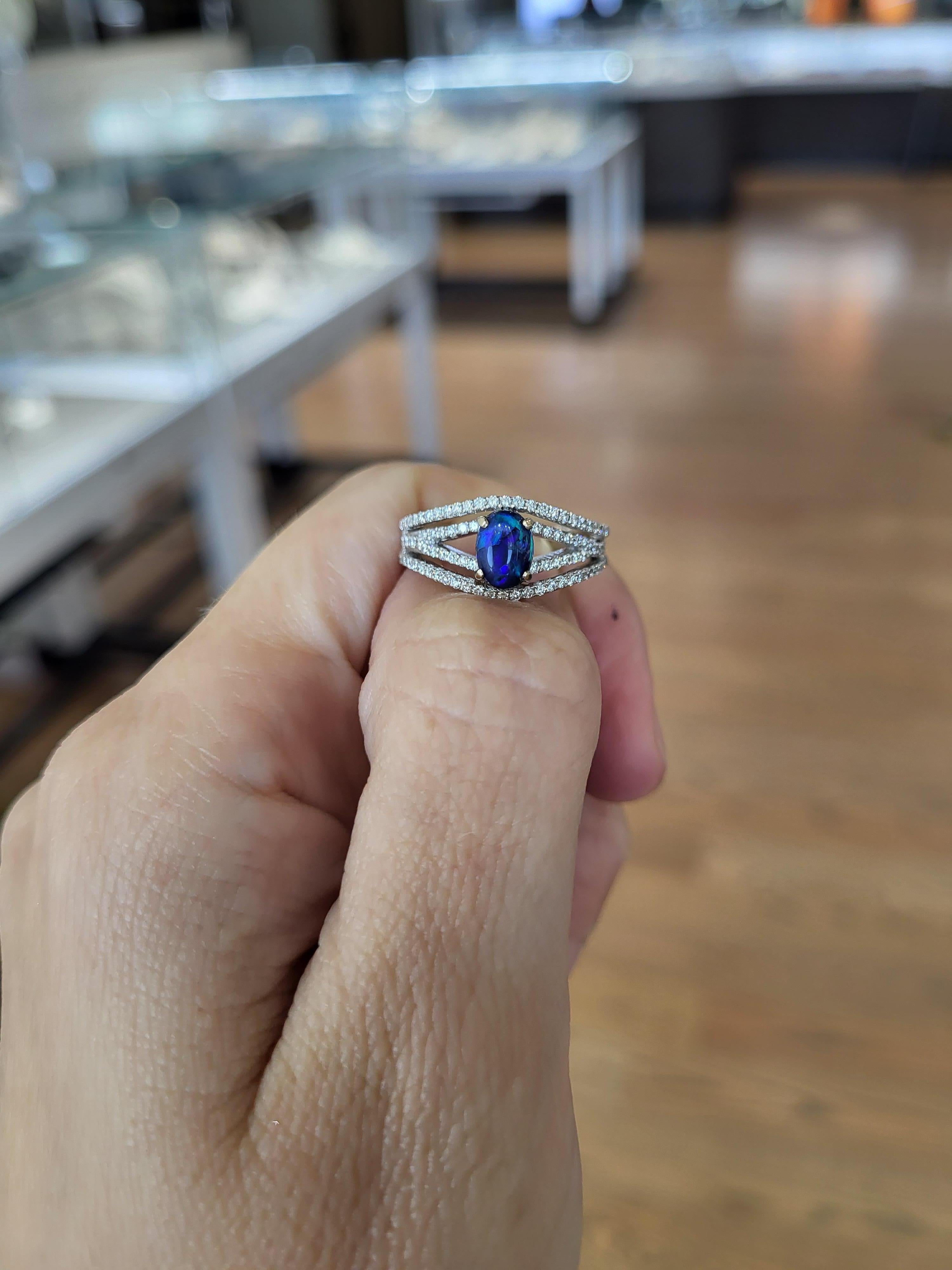 0.64 Carat Australian Black Opal and Diamond Ring For Sale 3