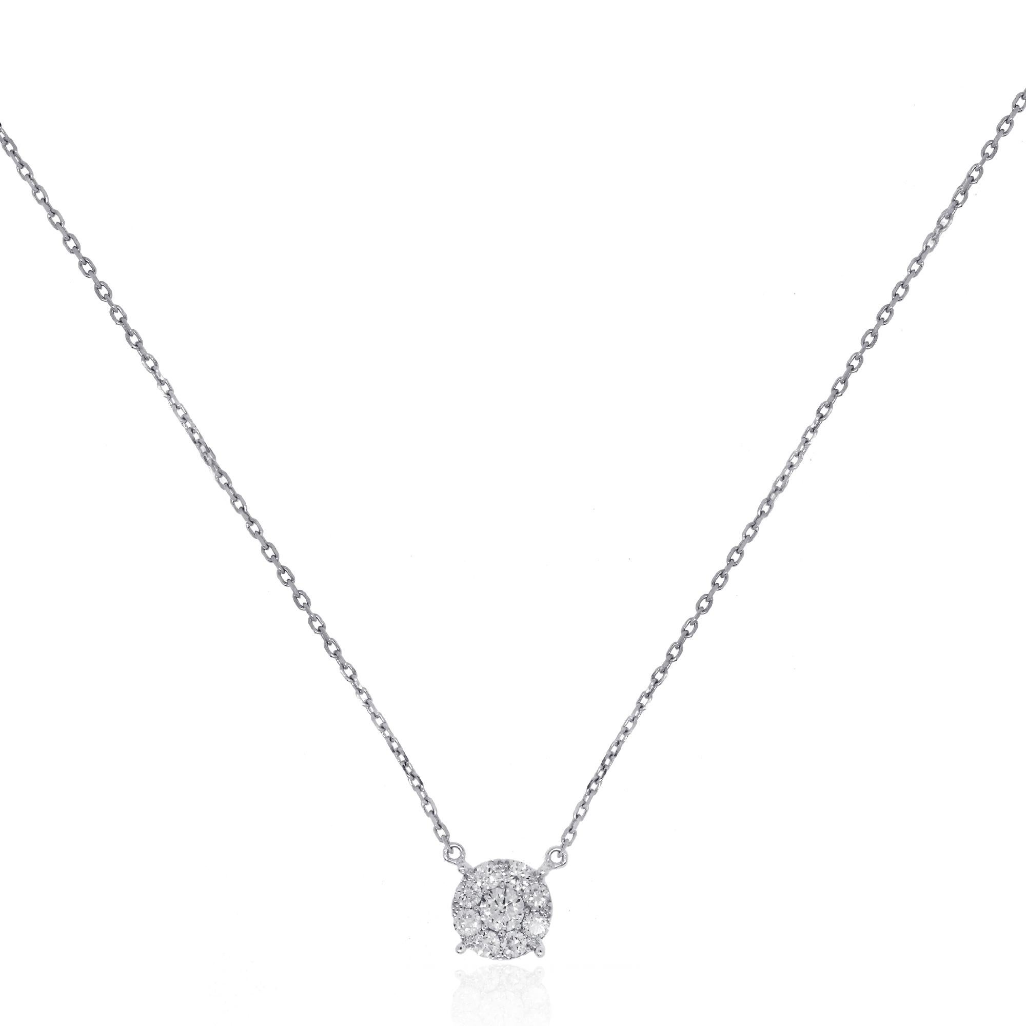 Material: 18k White Gold
Diamond Details: Approximately 0.64ctw of round brilliant diamonds. Diamonds are G in color and SI in clarity.
Necklace Length: 18″
Pendant Measurements: 0.34″ x 0.15″
Clasp: Lobster Clasp
Total Weight: 3.9g (2.6dwt)
SKU: