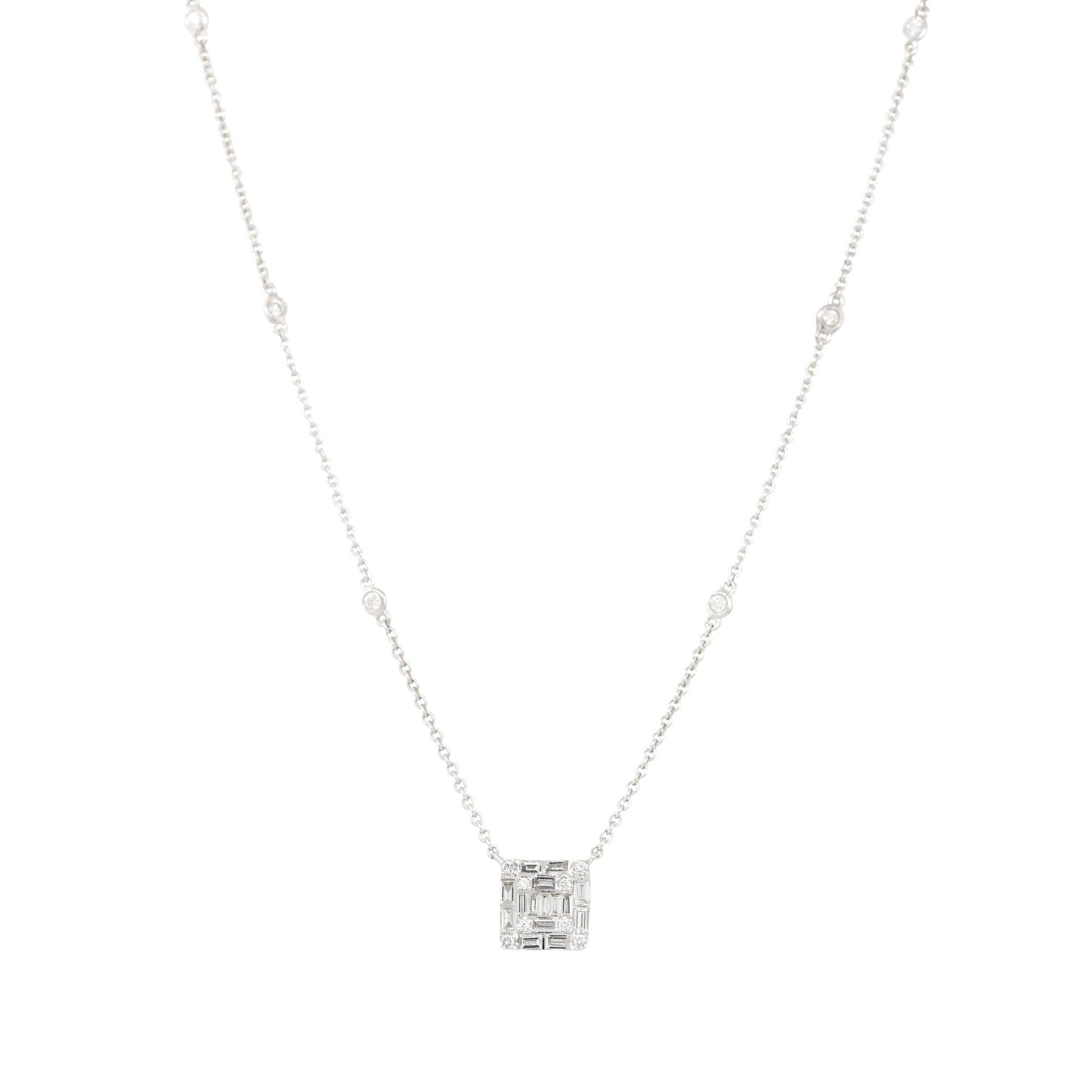 18k White Gold 0.64ctw Mosaic Diamond Station Necklace
Material: 18k White Gold
Diamond Details: Approximately 0.64ctw of Round Cut and Baguette Cut Diamonds
Total Weight: 3.8g (2.5dwt)
Additional Details: This item comes with a presentation