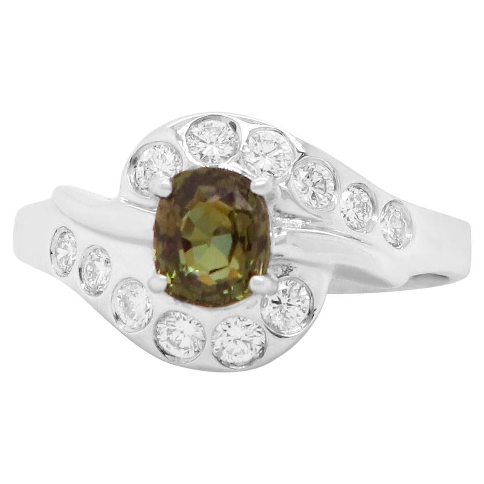 0.64 Carat Natural Color Changing Alexandrite and Diamond Ring 18K White Gold