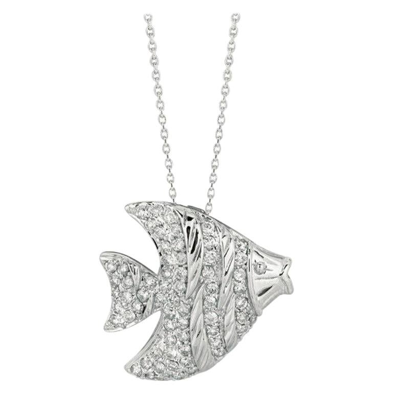 Collier pendentif poisson en or blanc 14 carats avec chaîne en diamants naturels de 0,64 carat