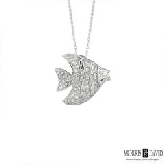 0.64 Carat Natural Diamond Fish Pendant Necklace 14 Karat White Gold Chain