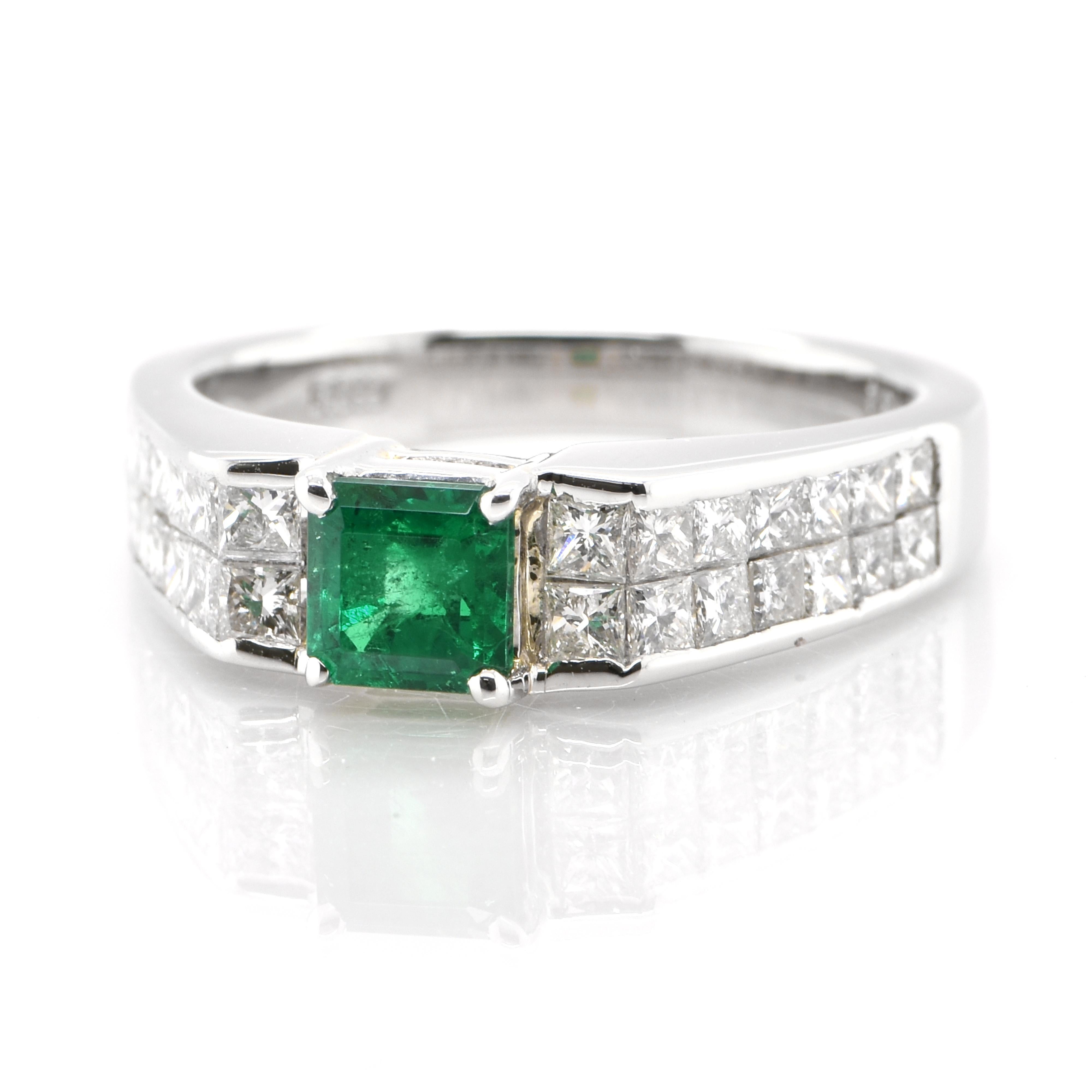 A stunning Engagement ring featuring a 0.64 Carat, Natural Emerald and 1.15 Carats of Diamond Accents set in Platinum. The Emerald displays exceptional color and clarity. People have admired emerald’s green for thousands of years. Emeralds have