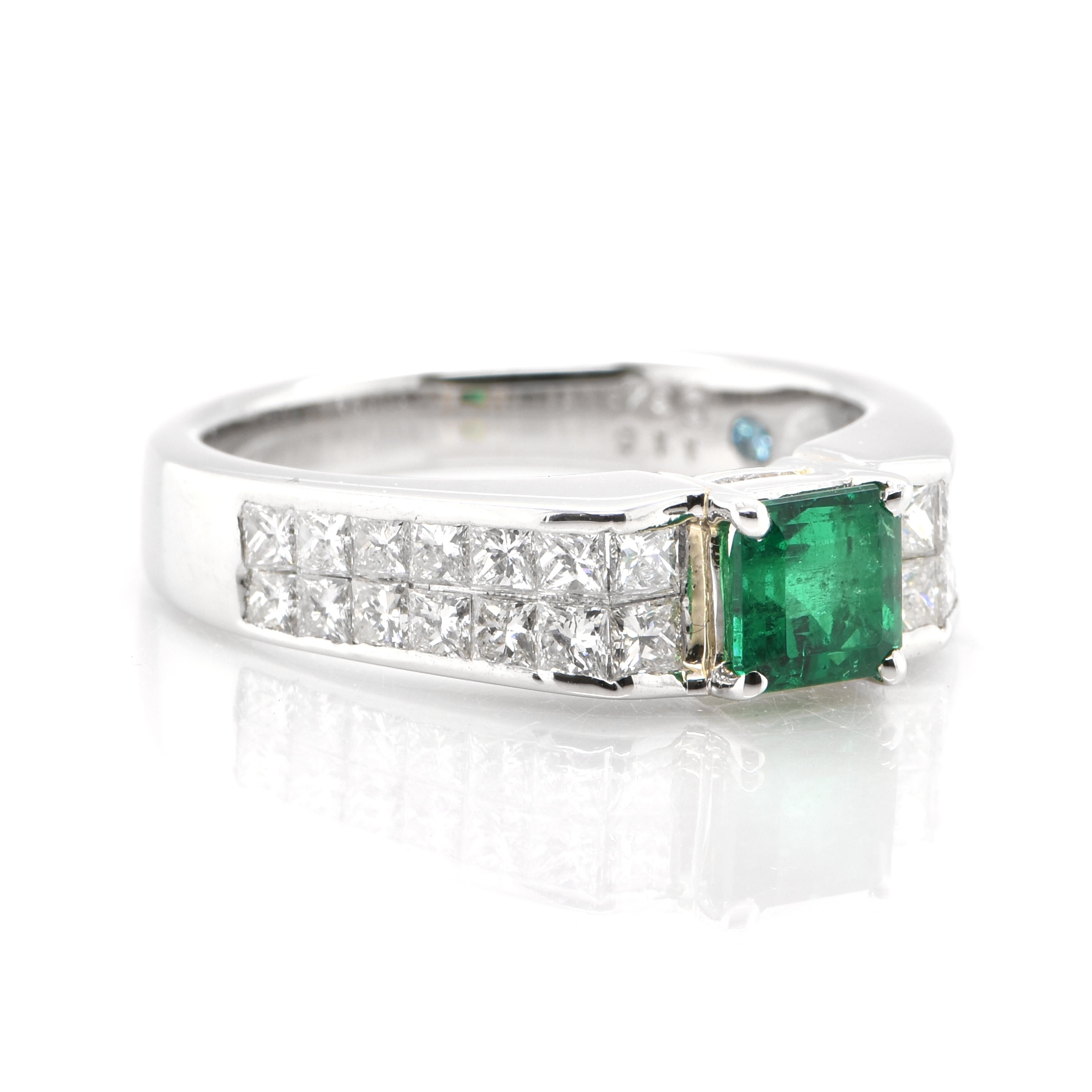 Modern 0.64 Carat Natural Emerald and Diamond Ring Set in Platinum For Sale
