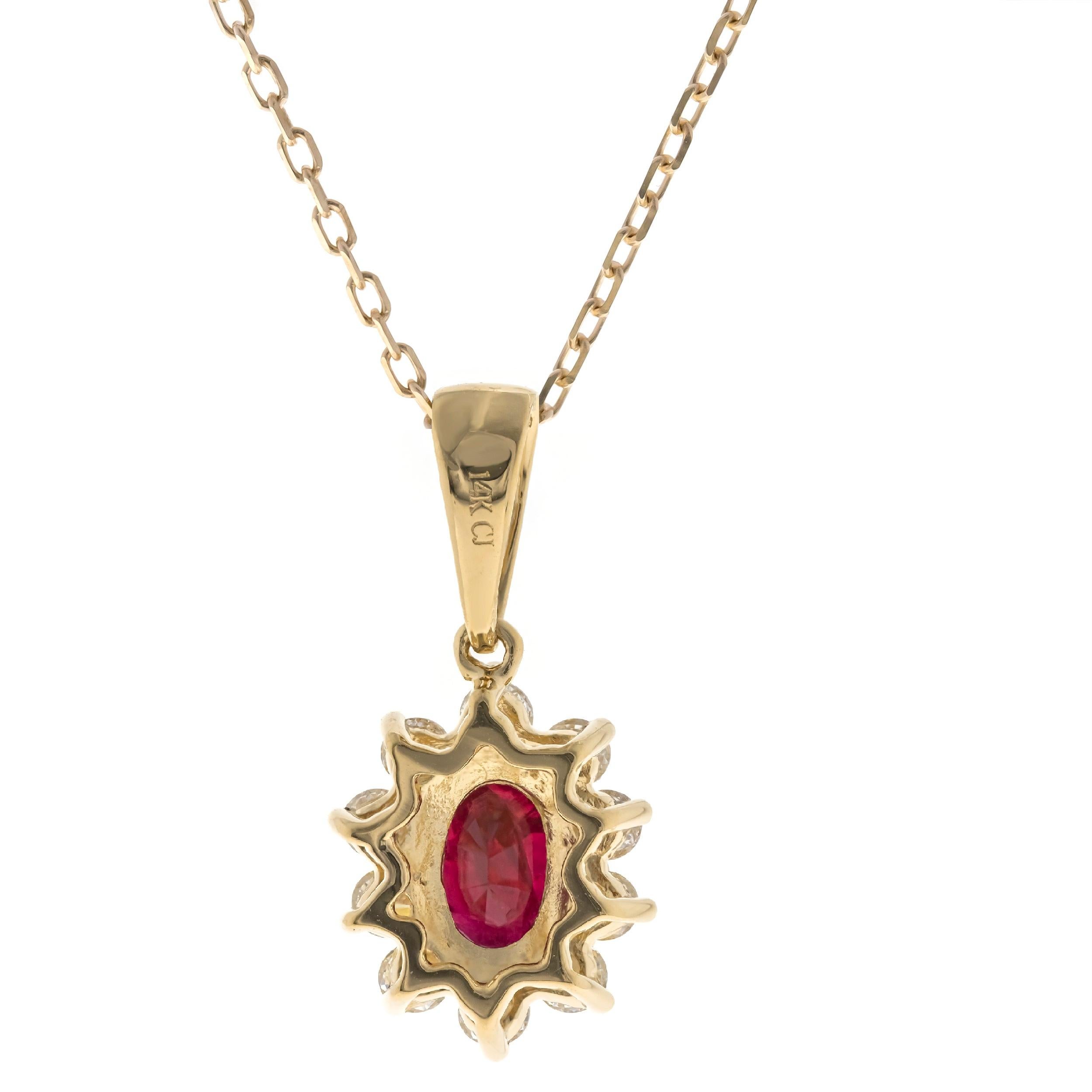 Art Deco 0.64 Carat Oval-Cut Ruby with Diamond Accents 14K Yellow Gold Pendant For Sale