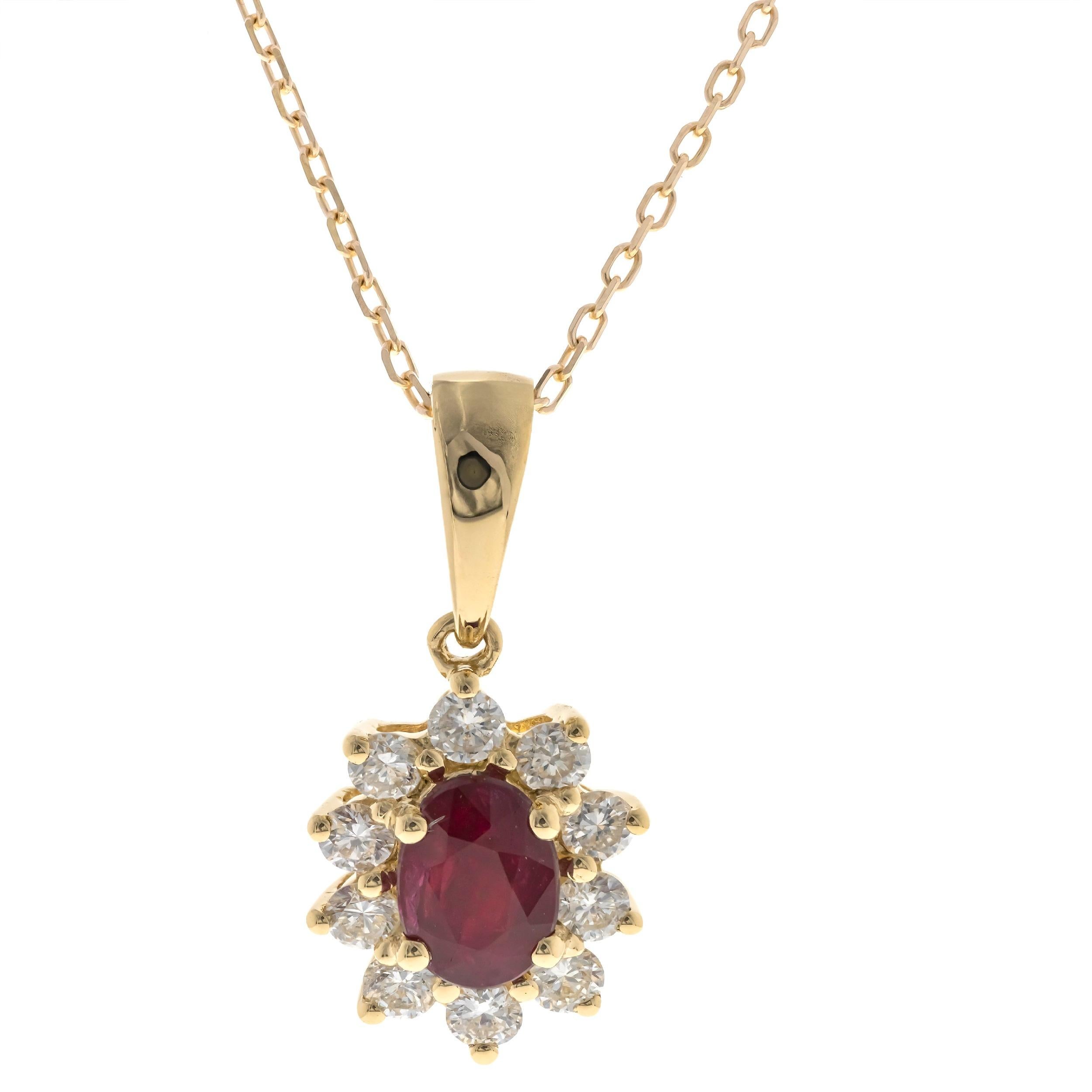 Oval Cut 0.64 Carat Oval-Cut Ruby with Diamond Accents 14K Yellow Gold Pendant For Sale