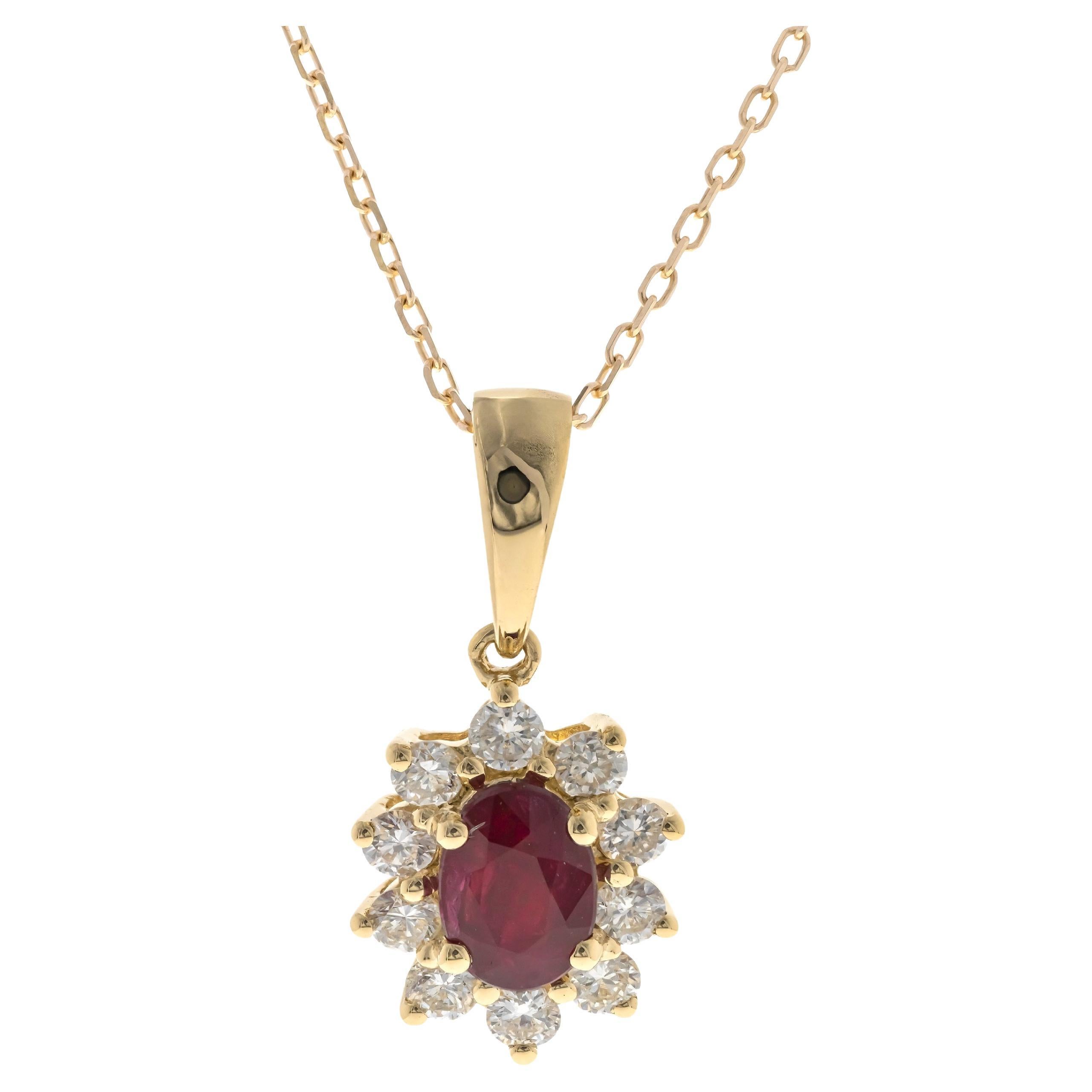 0.64 Carat Oval-Cut Ruby with Diamond Accents 14K Yellow Gold Pendant For Sale