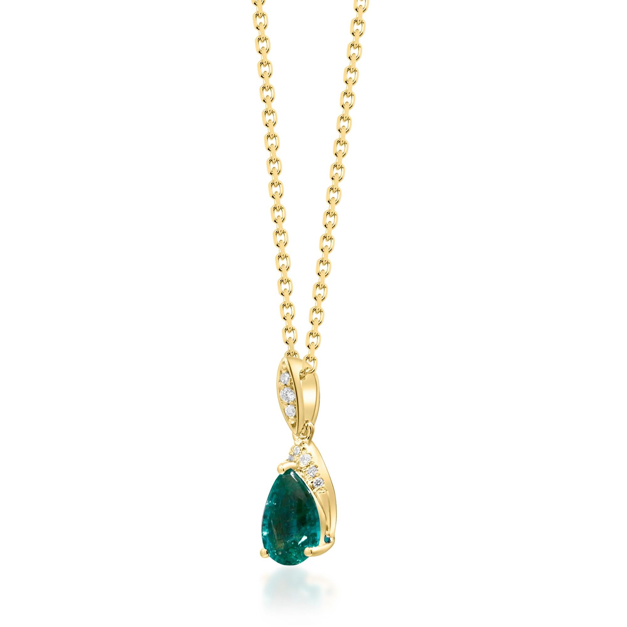 Art Deco 0.64 Carat Pear-Cut Emerald with Diamond Accents 10K Yellow Gold Pendant For Sale