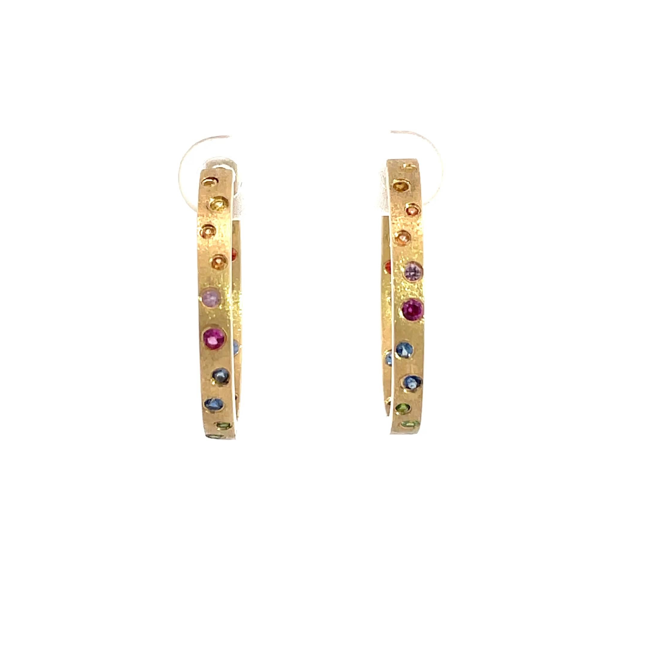 These Rainbow Sapphire and Tsavorite earrings are a stunning and timeless accessory that can add a touch of glamour and sophistication to any outfit. 

These Flush Set Circle Hoop Earrings contain 0.53 Carats of Rainbow Sapphires and 0.11 Carats of