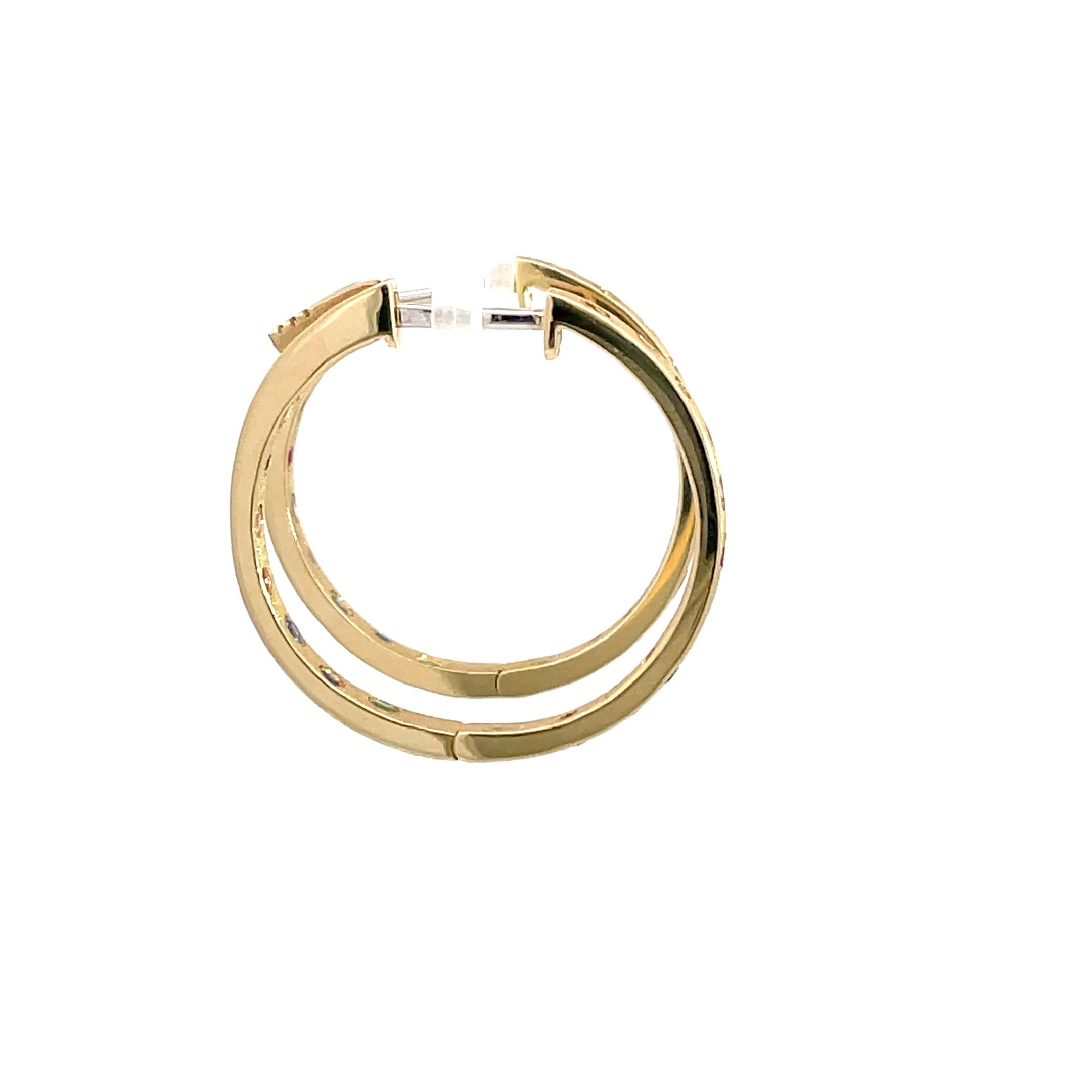 Women's 0.64 Carat Rainbow Sapphire and Tsavorite Flush Set Hoop Yellow Gold Earrings For Sale