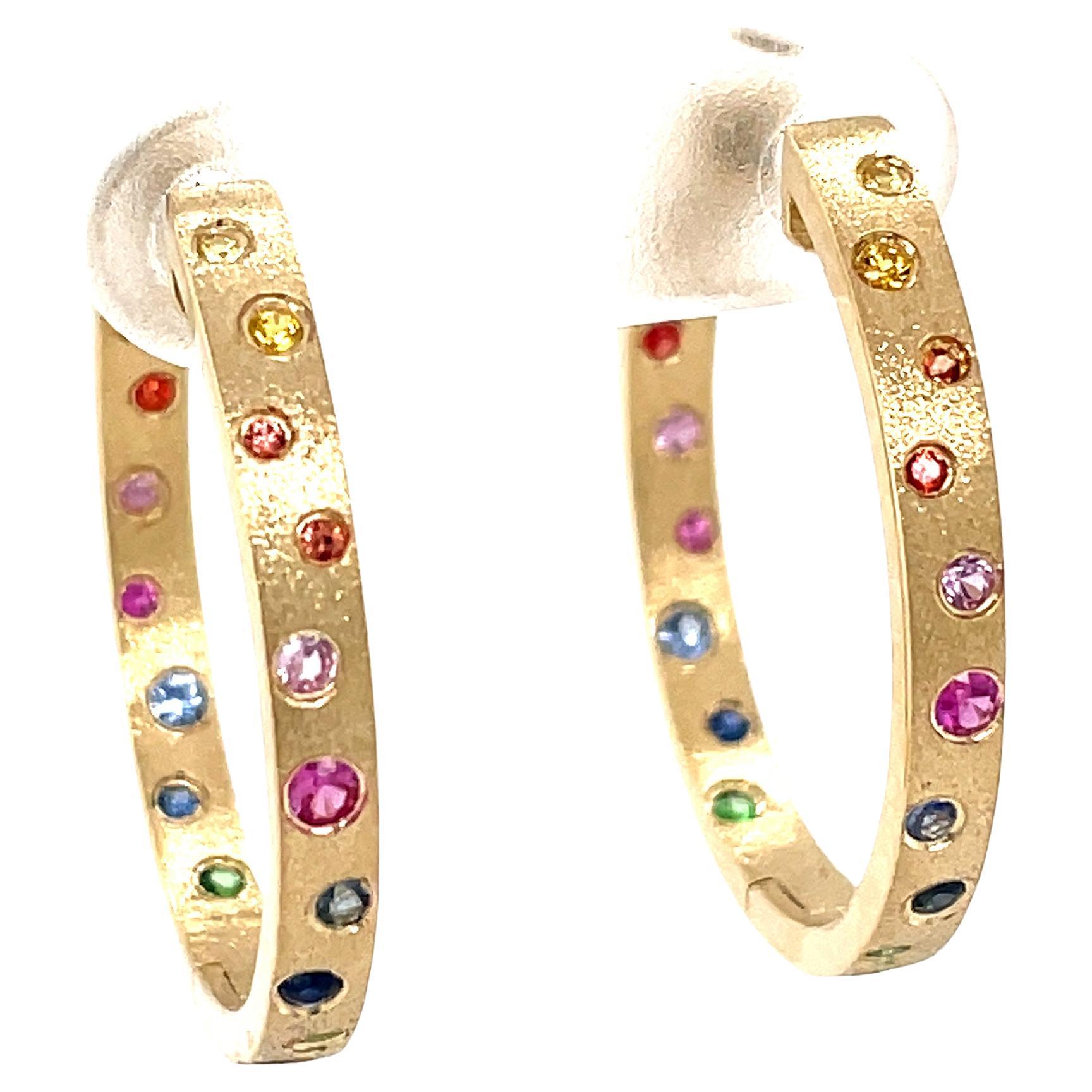 0.64 Carat Rainbow Sapphire and Tsavorite Flush Set Hoop Yellow Gold Earrings