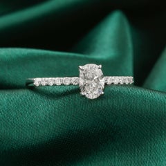 0.64 Carat Oval Cut Natural Diamond Engagement Ring 18K White Gold Pave Band