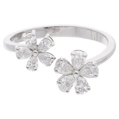 0.64 Carat SI Clarity HI Color Pear Diamond Floral Cuff Ring 14 Karat White Gold