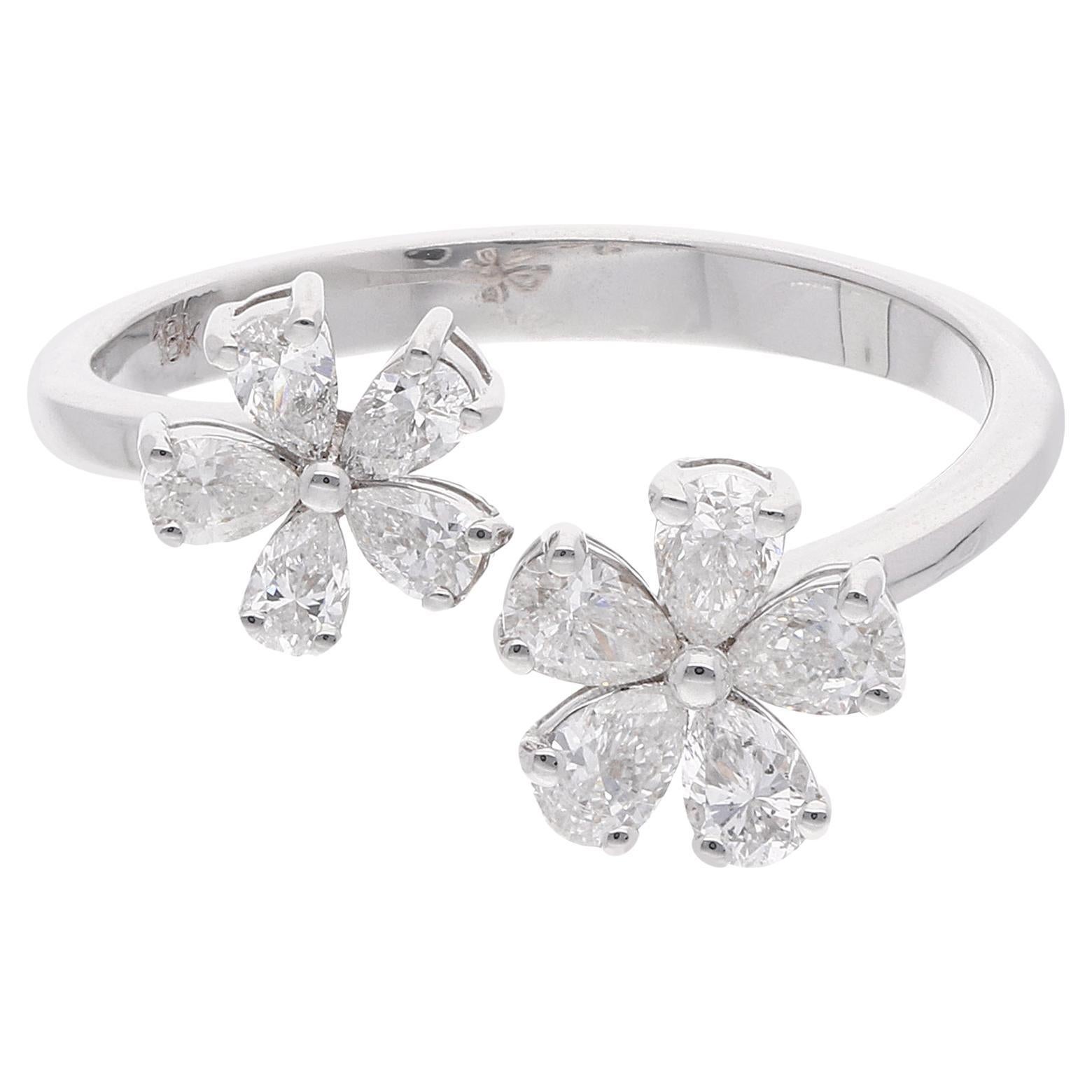 0.64 Carat SI Clarity HI Color Pear Diamond Floral Cuff Ring 18 Karat White Gold