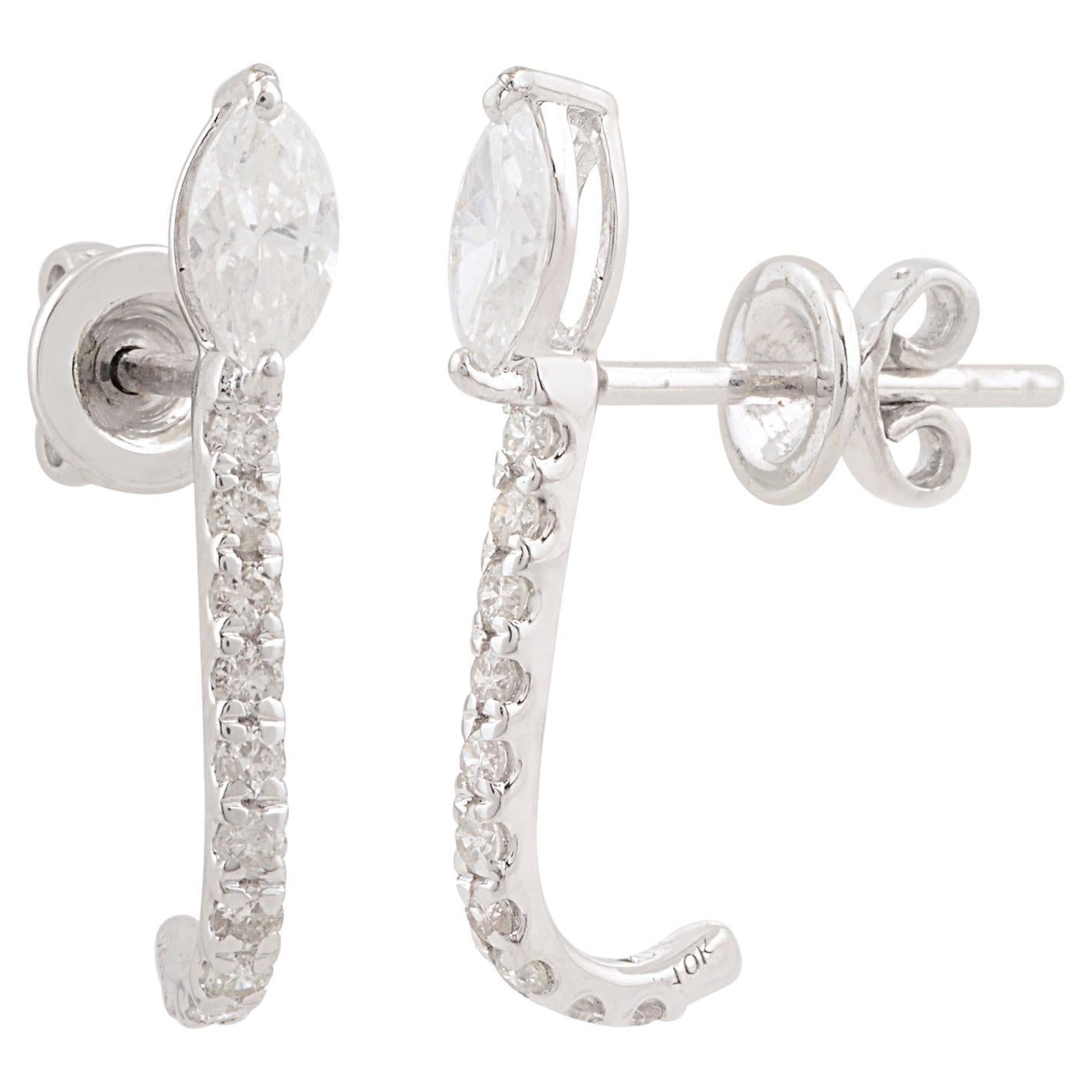 0.64 Carat SI/HI Marquise Diamond Half Hoop Earrings 10 Karat White Gold Jewelry For Sale