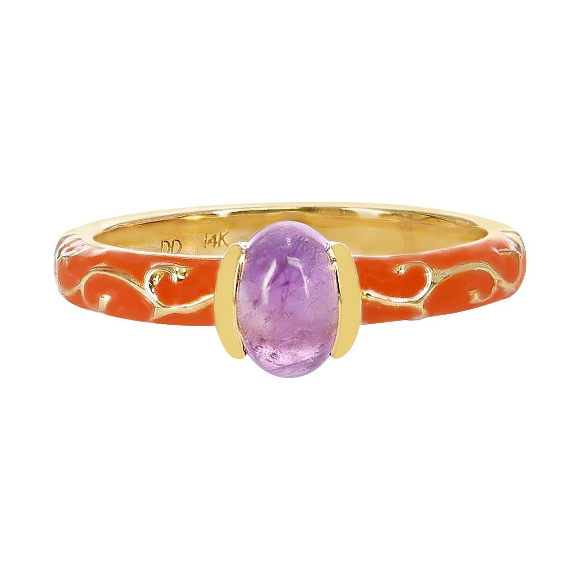 0.64 Ct. Oval Amethyst Cabochon with Orange Enamel with Gold Design, 14k