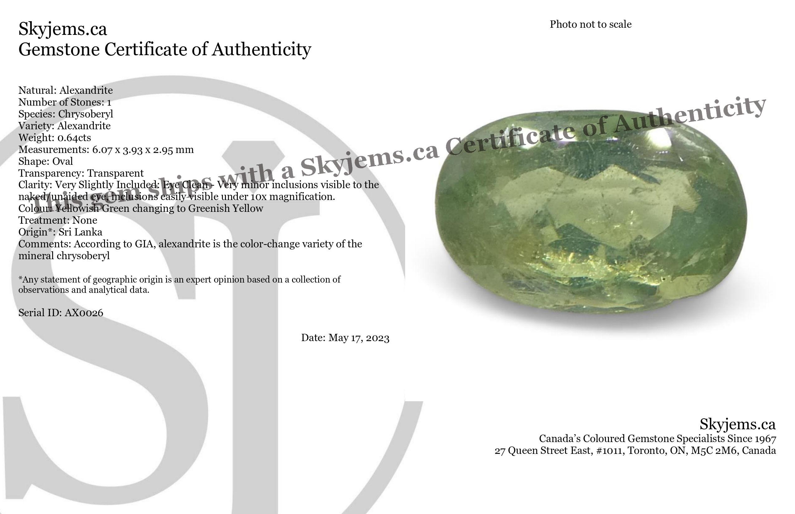 Description :

Type de gemme : Alexandrite 
Nombre de pierres : 1
Poids : 0,64 cts
Dimensions : 6,07 x 3,93 x 2,95 mm
Forme : Ovale
Style de coupe Couronne : Brilliante
Pavillon des styles de coupe : Coupe Brilliante 
La transparence :