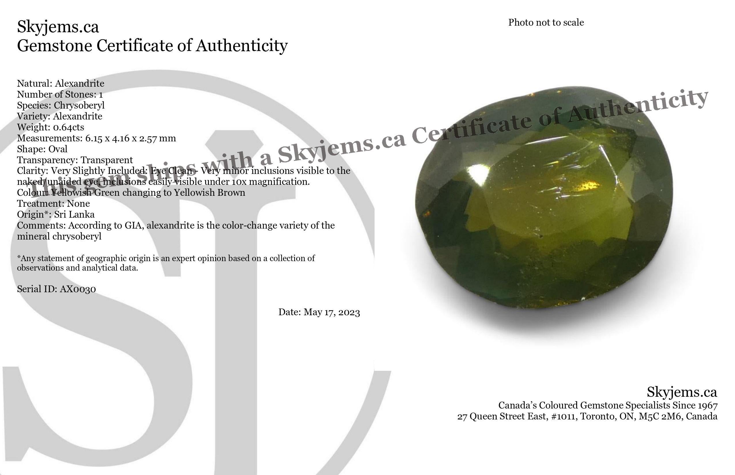 Description:

Gem Type: Alexandrite 
Number of Stones: 1
Weight: 0.64 cts
Measurements: 6.15 x 4.16 x 2.57 mm
Shape: Oval
Cutting Style Crown: Brilliant Cut
Cutting Style Pavilion: Brilliant Cut 
Transparency: Transparent
Clarity: Very Slightly