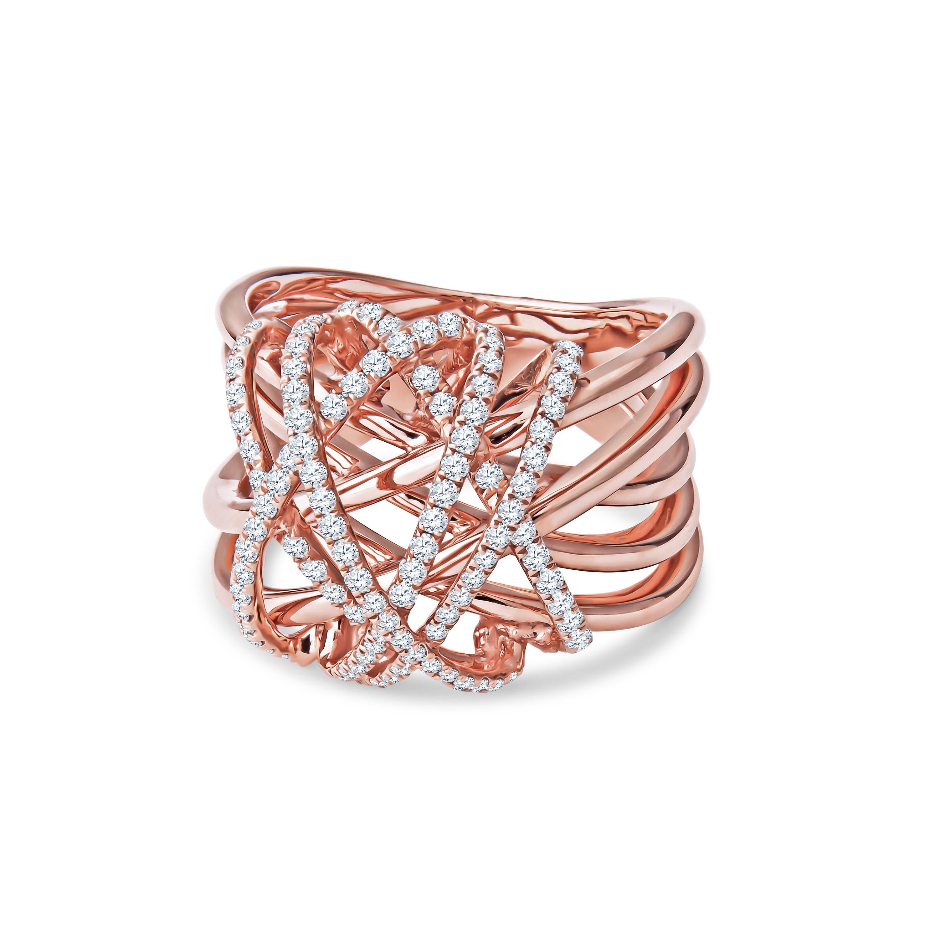 This exquisite, complex ring features 0.64ctw in round cut diamonds, set in 18kt rose gold. The multiple shanks are expertly crafted, wrapping and weaving around each other to create an elegant knotted ring. This is currently a size 6.25 but can be