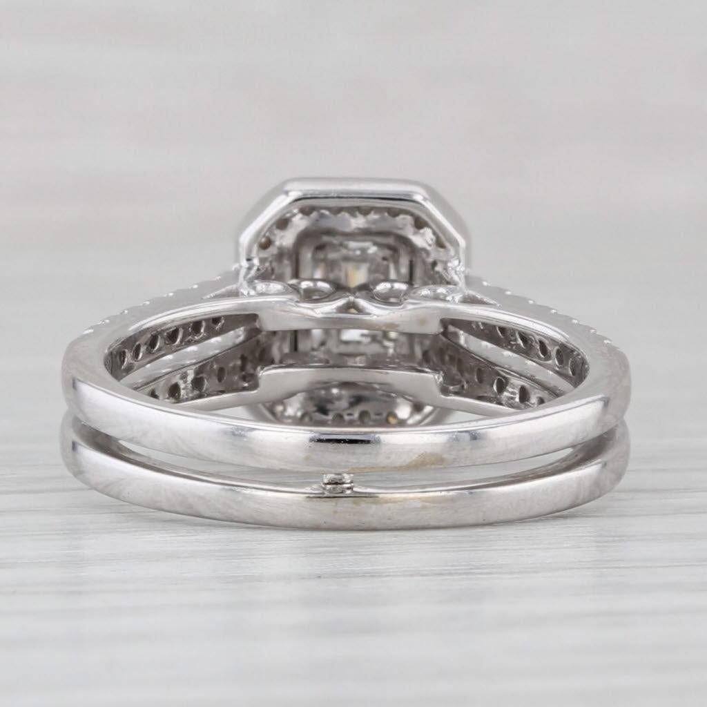 Baguette Cut 0.64ctw Diamond Halo Engagement Ring 14k White Gold Double Cathedral Band For Sale