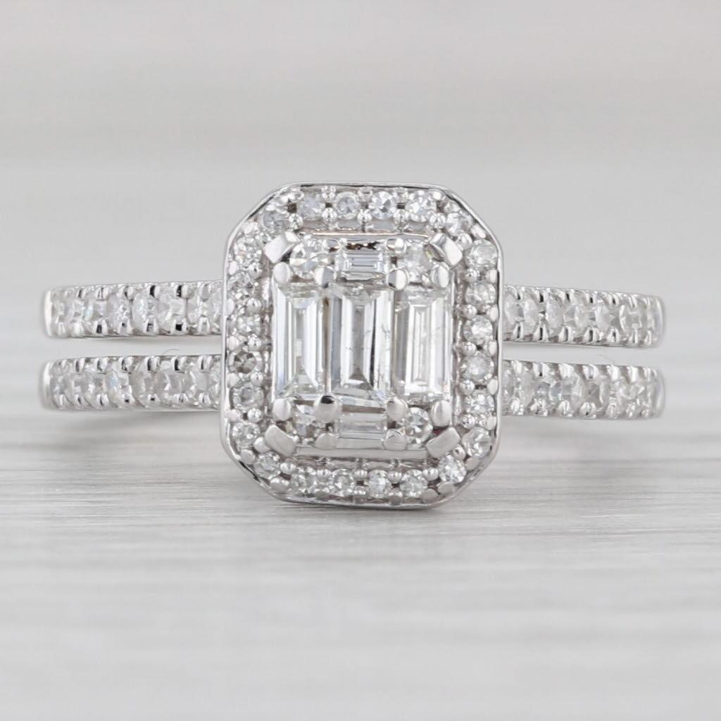 0.64ctw Diamond Halo Engagement Ring 14k White Gold Double Cathedral Band In Good Condition For Sale In McLeansville, NC