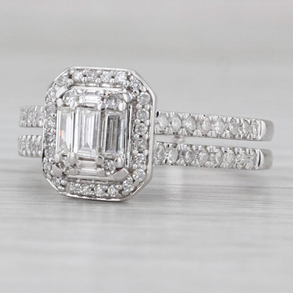 Women's or Men's 0.64ctw Diamond Halo Engagement Ring 14k White Gold Double Cathedral Band For Sale