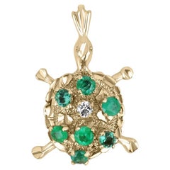 0.64tcw 14K Colombian Emerald & Diamond Sea Turtle Pendant Necklace Medium Green