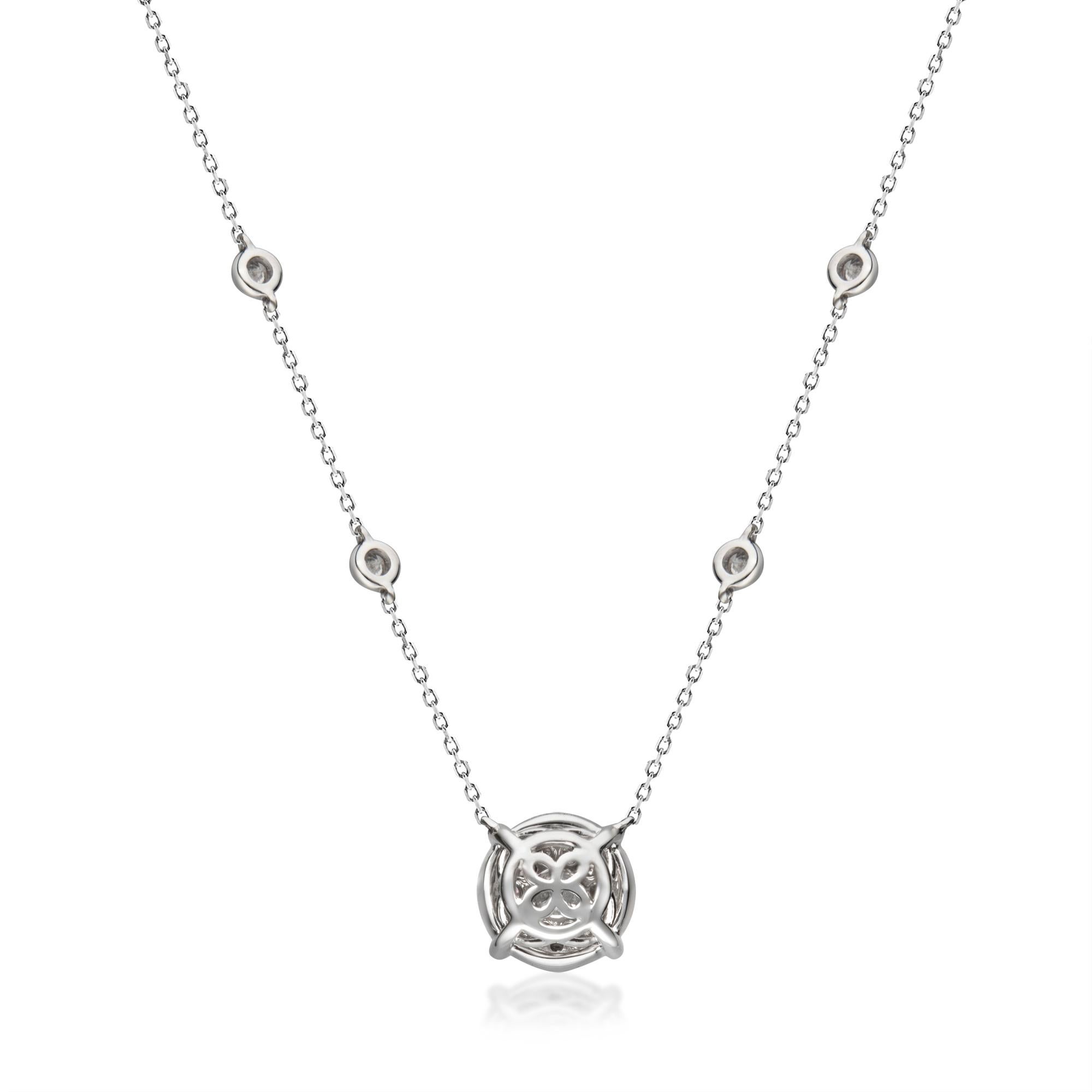 Presenting one of our best selling Gin and Grace cluster Diamond Necklace crafted of 14k White gold. This Necklace features a 0.24 ct. Round brilliant Cut diamond on the center and 36 Round diamonds 0.41 ct. in GH-SI quality. The necklace is 18