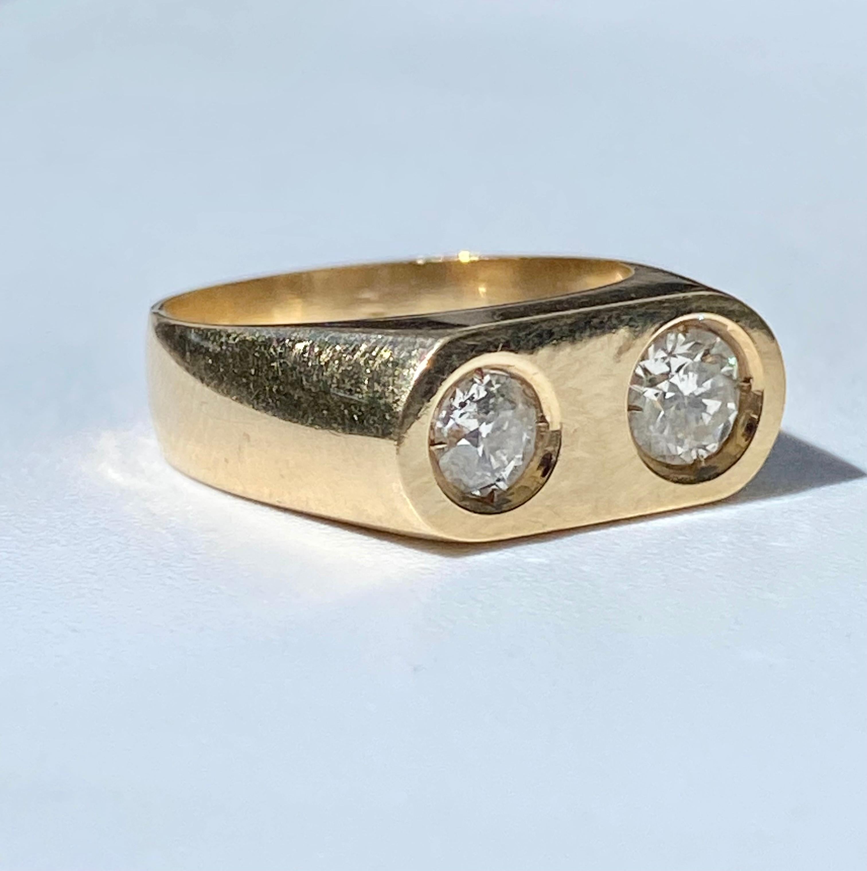 Bague unisexe en or massif 18 carats avec double diamant rond de 0,65 carat en vente 1