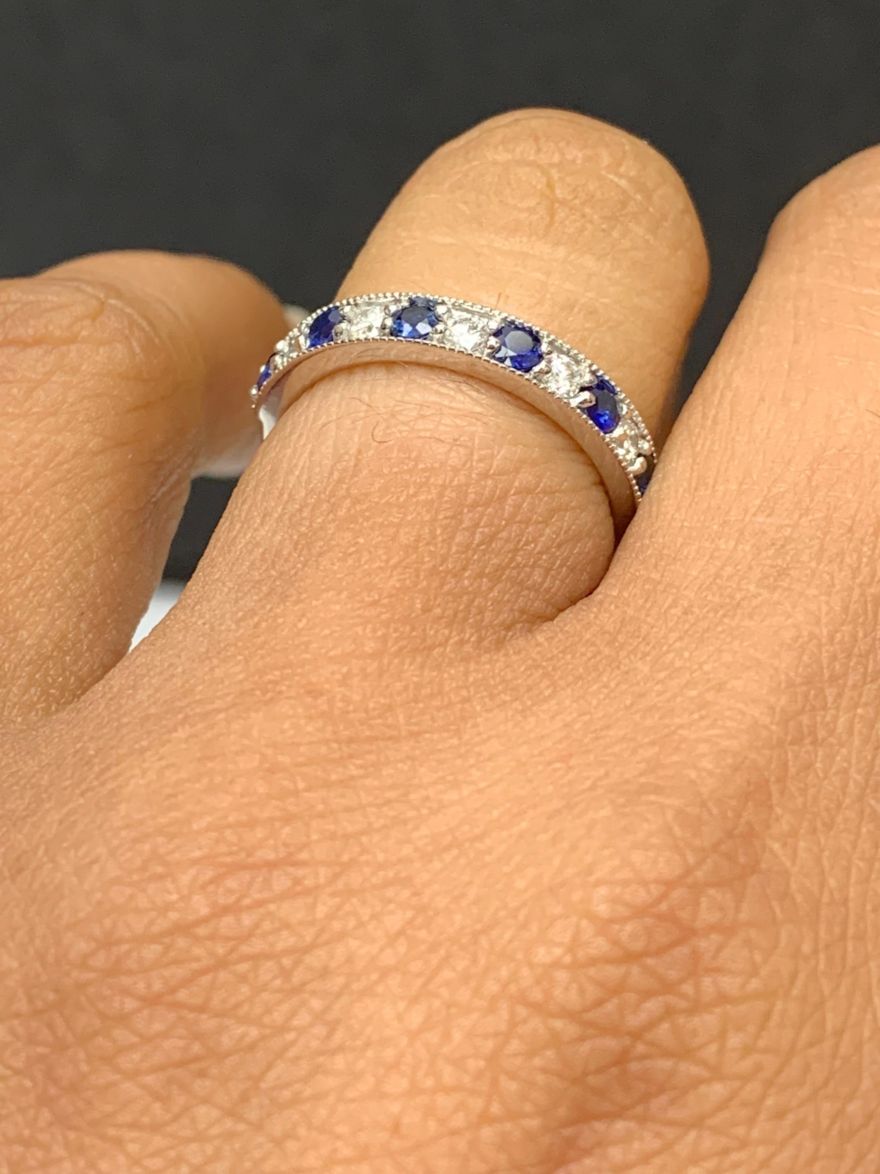 Contemporary 0.65 Carat Brilliant Cut Blue Sapphire and Diamond Band in 14K White Gold For Sale