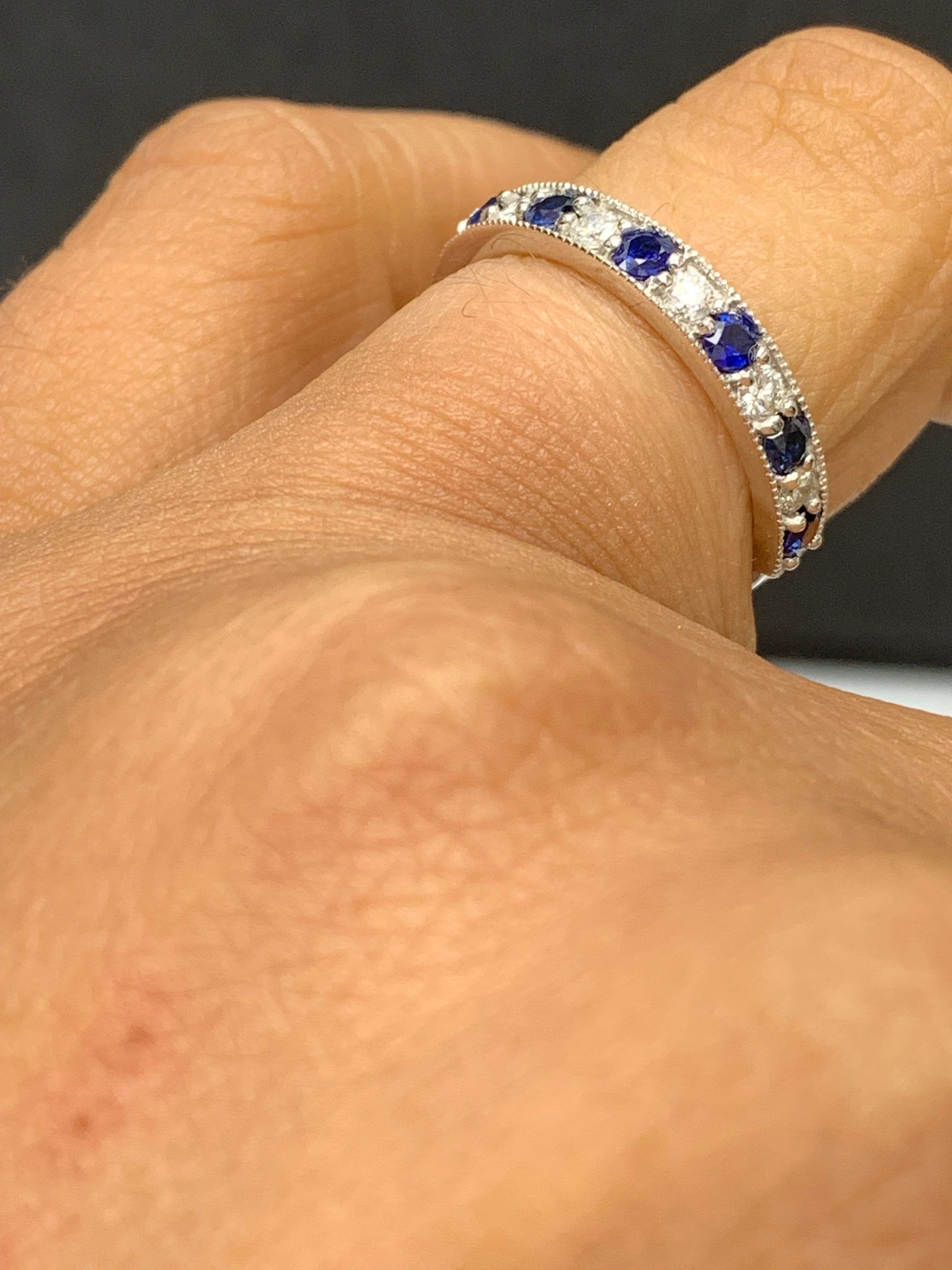 0.65 Carat Brilliant Cut Blue Sapphire and Diamond Band in 14K White Gold In New Condition For Sale In NEW YORK, NY