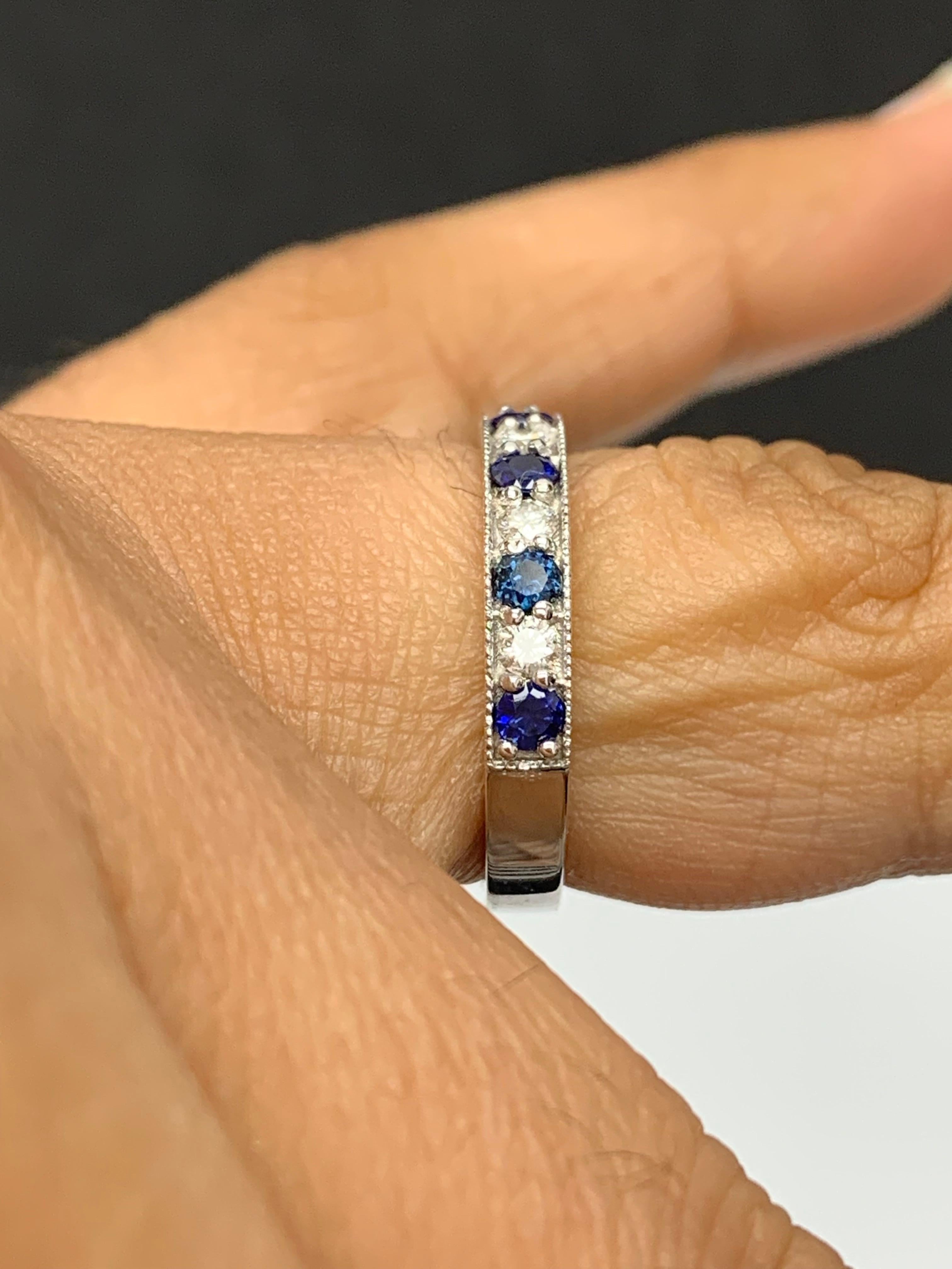 Women's 0.65 Carat Brilliant Cut Blue Sapphire and Diamond Band in 14K White Gold For Sale
