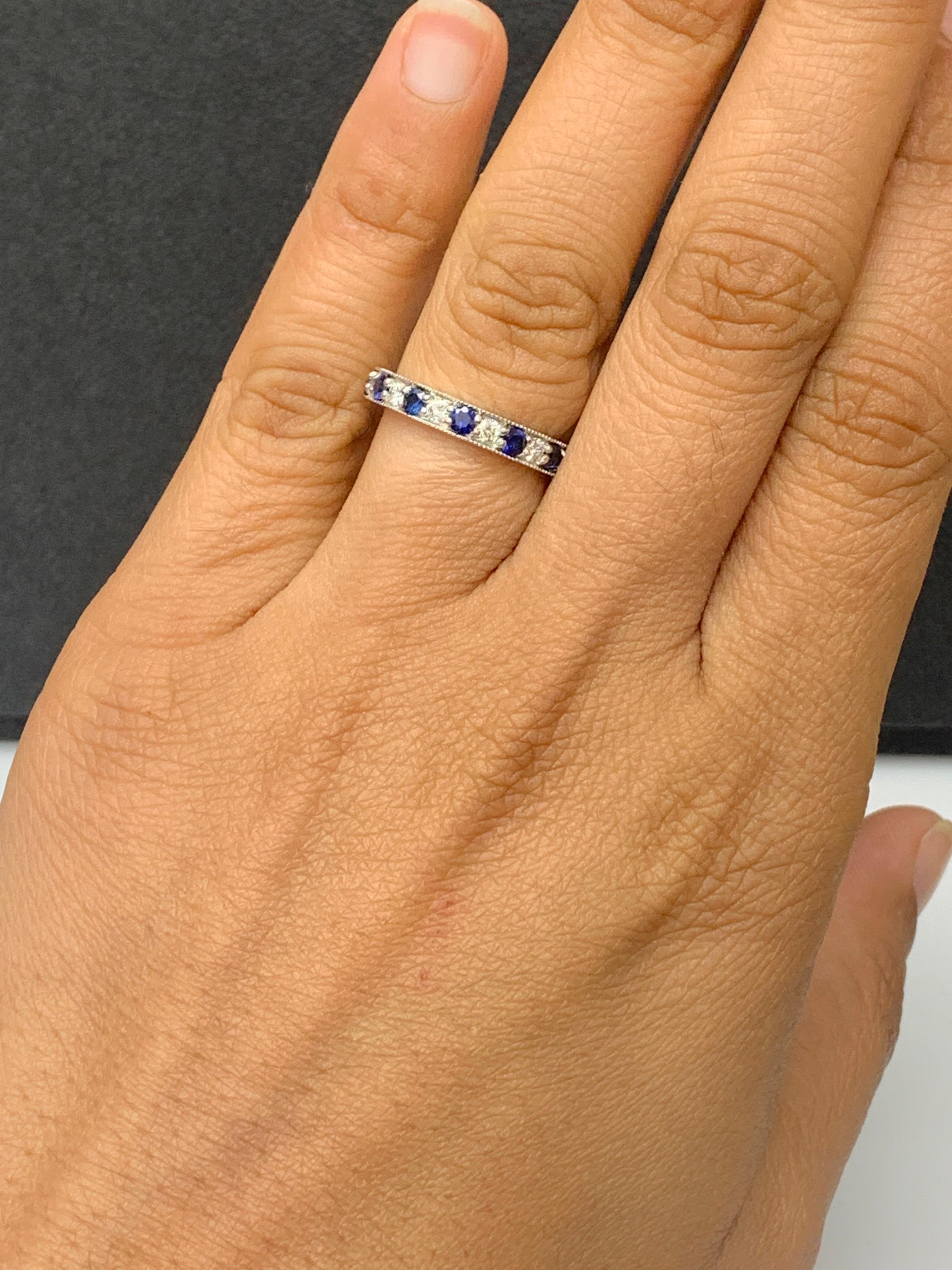 0.65 Carat Brilliant Cut Blue Sapphire and Diamond Band in 14K White Gold For Sale 1